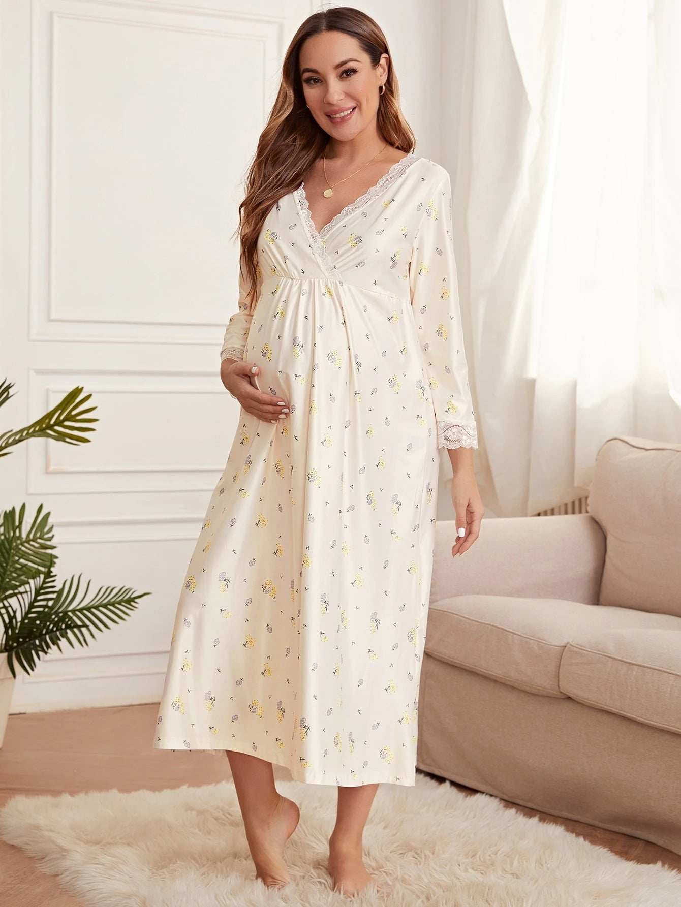 فستان راحة طبعات زهور ديتسي مع حواف دانتيل للأمومة - Pink&blue