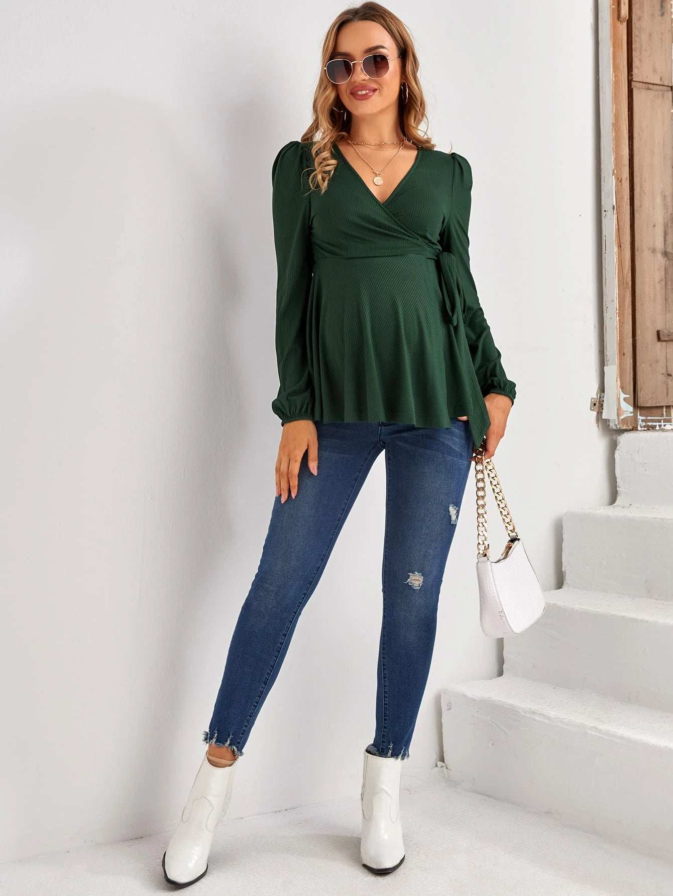 تي شيرت معقوف للحوامل مصنوع من الأرداف المحبوكة بأربطة - Pink&blue