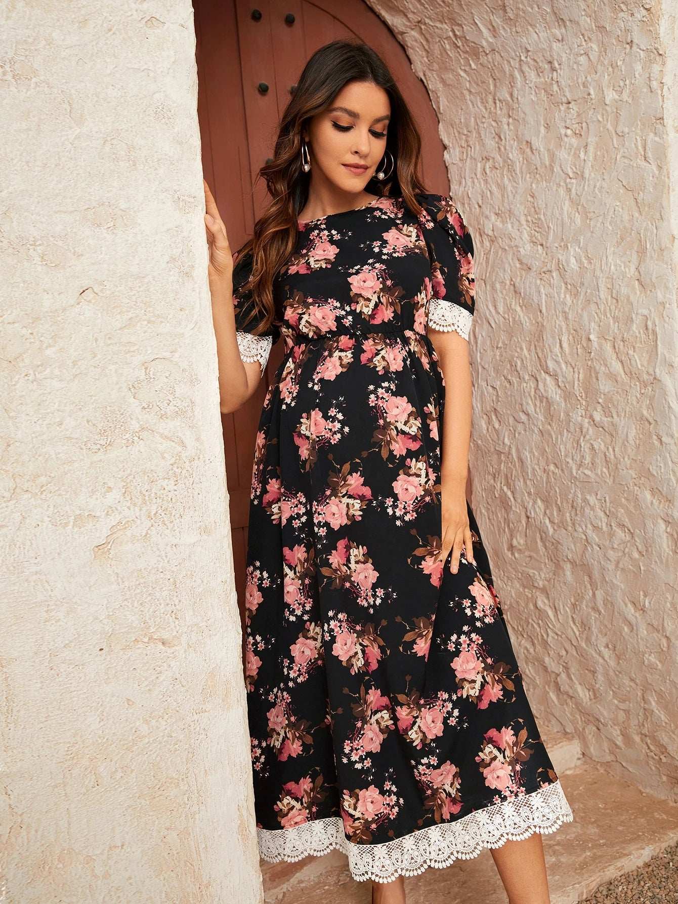 الأمومة بالكامل طباعة الأزهار متباينة جبر الدانتيل فستان منفوخ الأكمام - Pink&blue