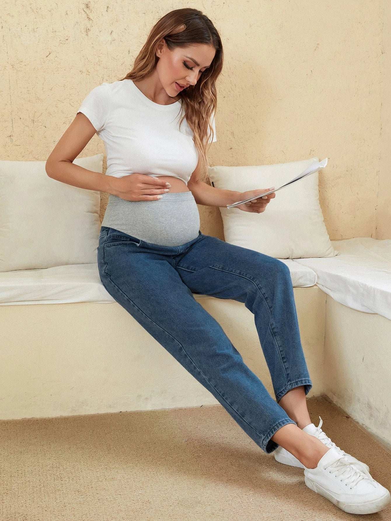 جينز بساق مستقيم خصر عالي ألوان متباينة للأمومة - Pink&blue