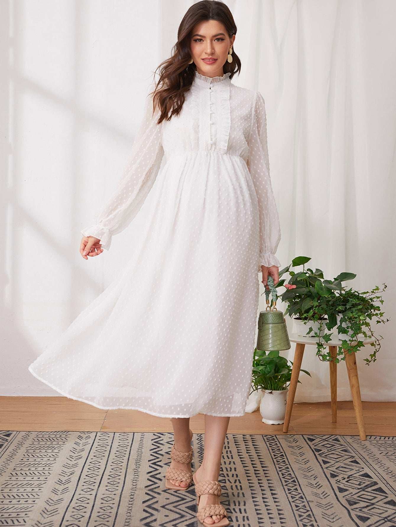 فستان منقط سويسري مقلم بهدب وبكفة مكشكش للامومة - Pink&blue