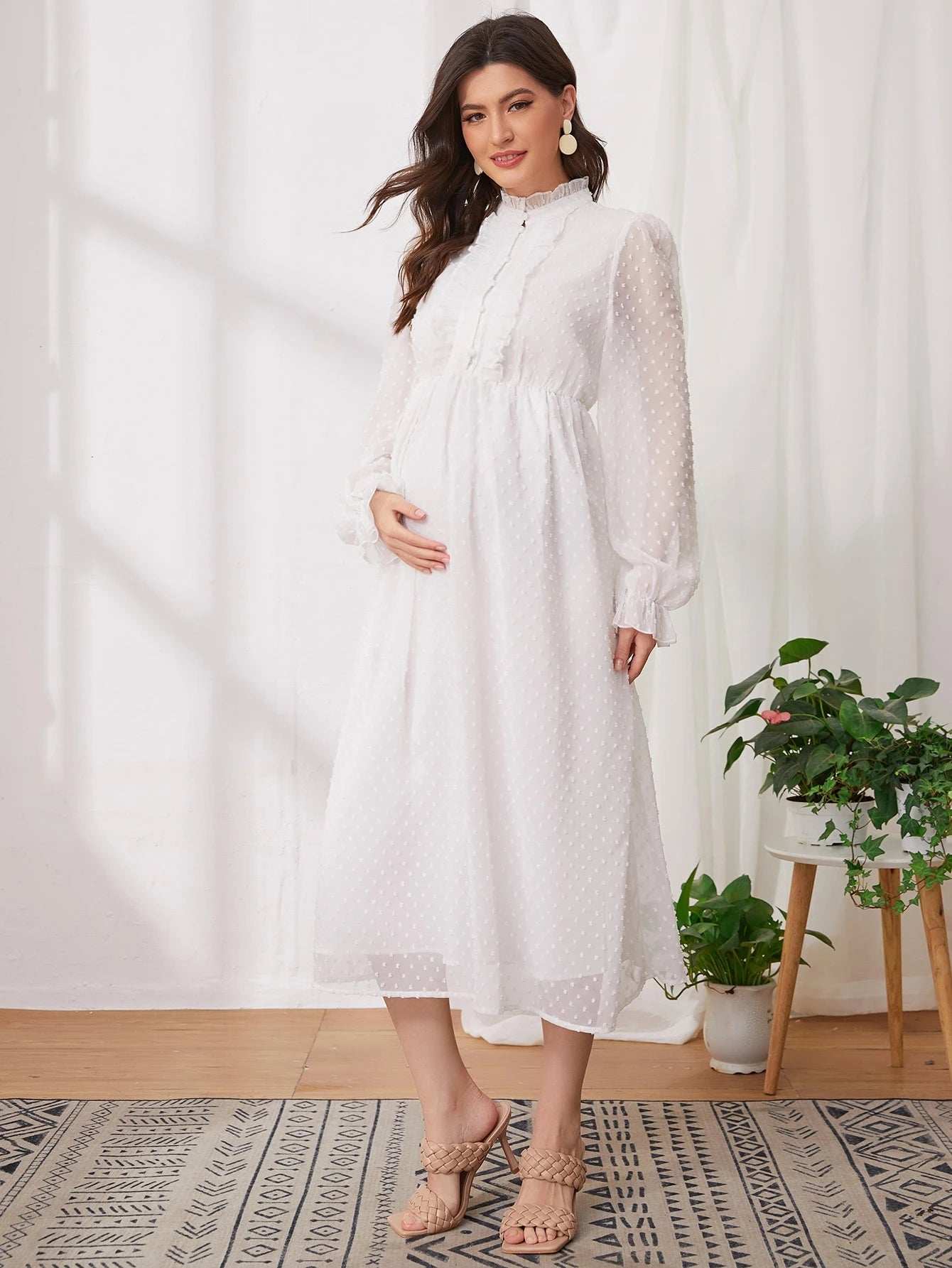 فستان منقط سويسري مقلم بهدب وبكفة مكشكش للامومة - Pink&blue