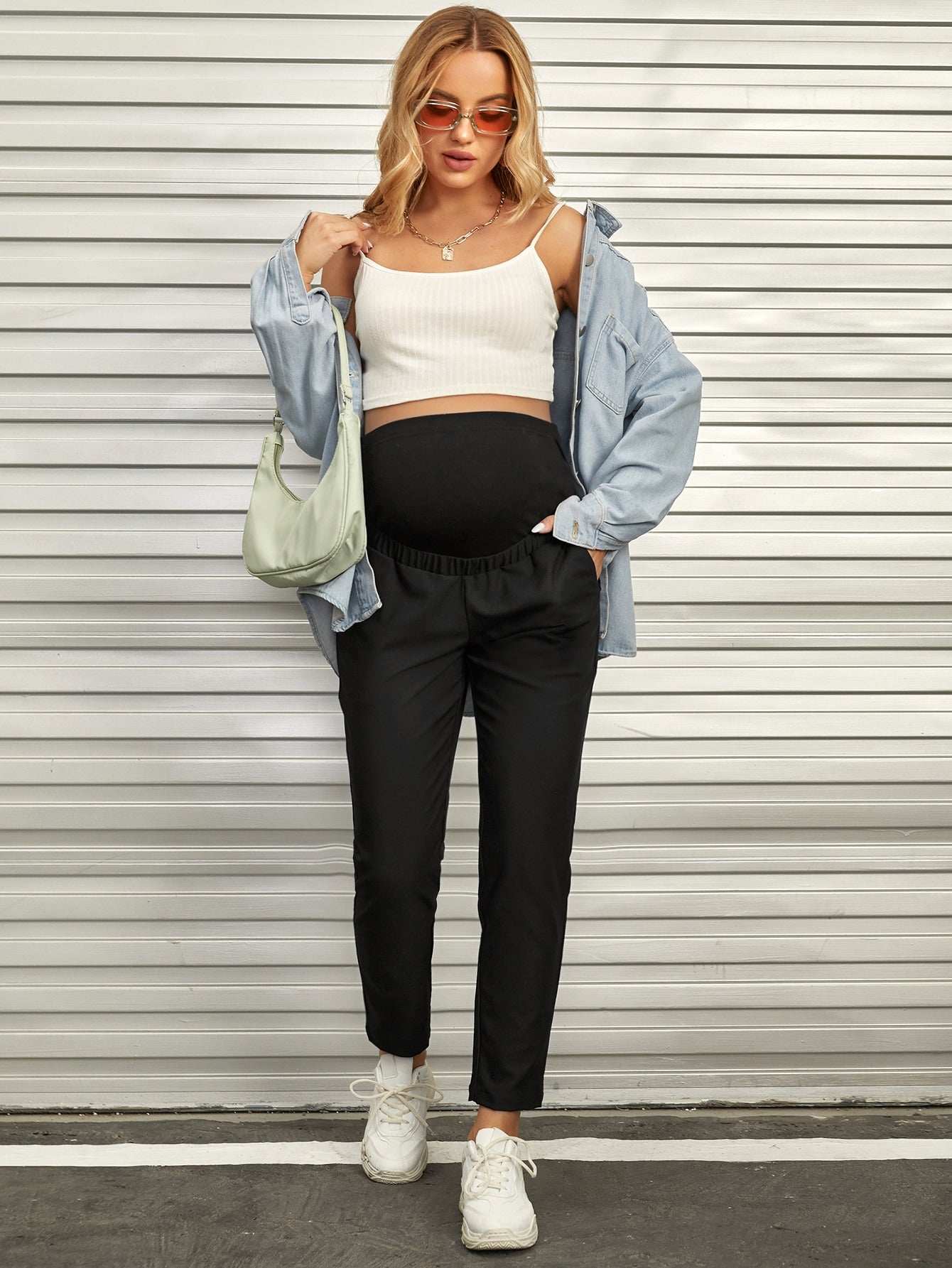 بنطلون شريط خصر واسع جيب مائل للأمومة - Pink&blue