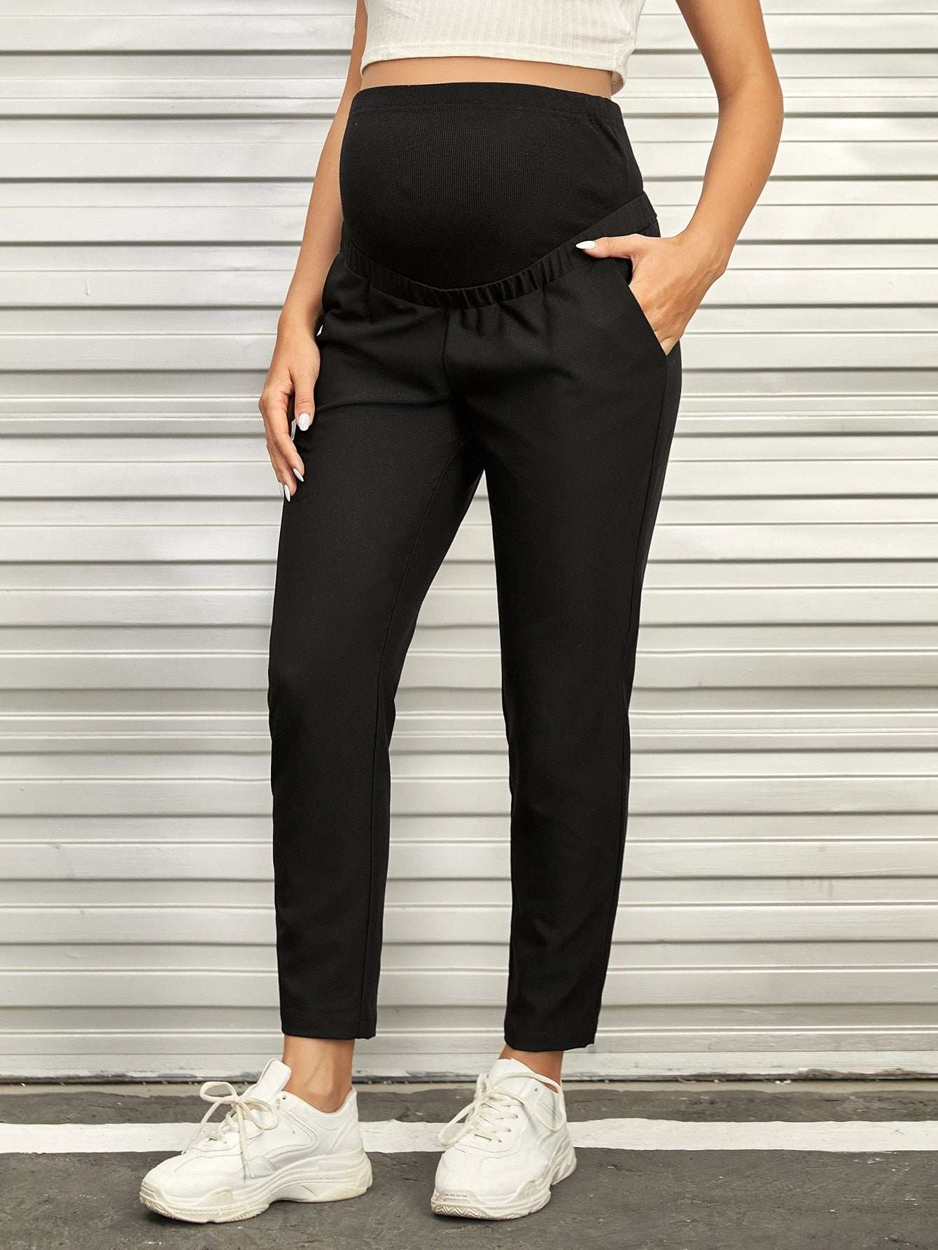 بنطلون شريط خصر واسع جيب مائل للأمومة - Pink&blue