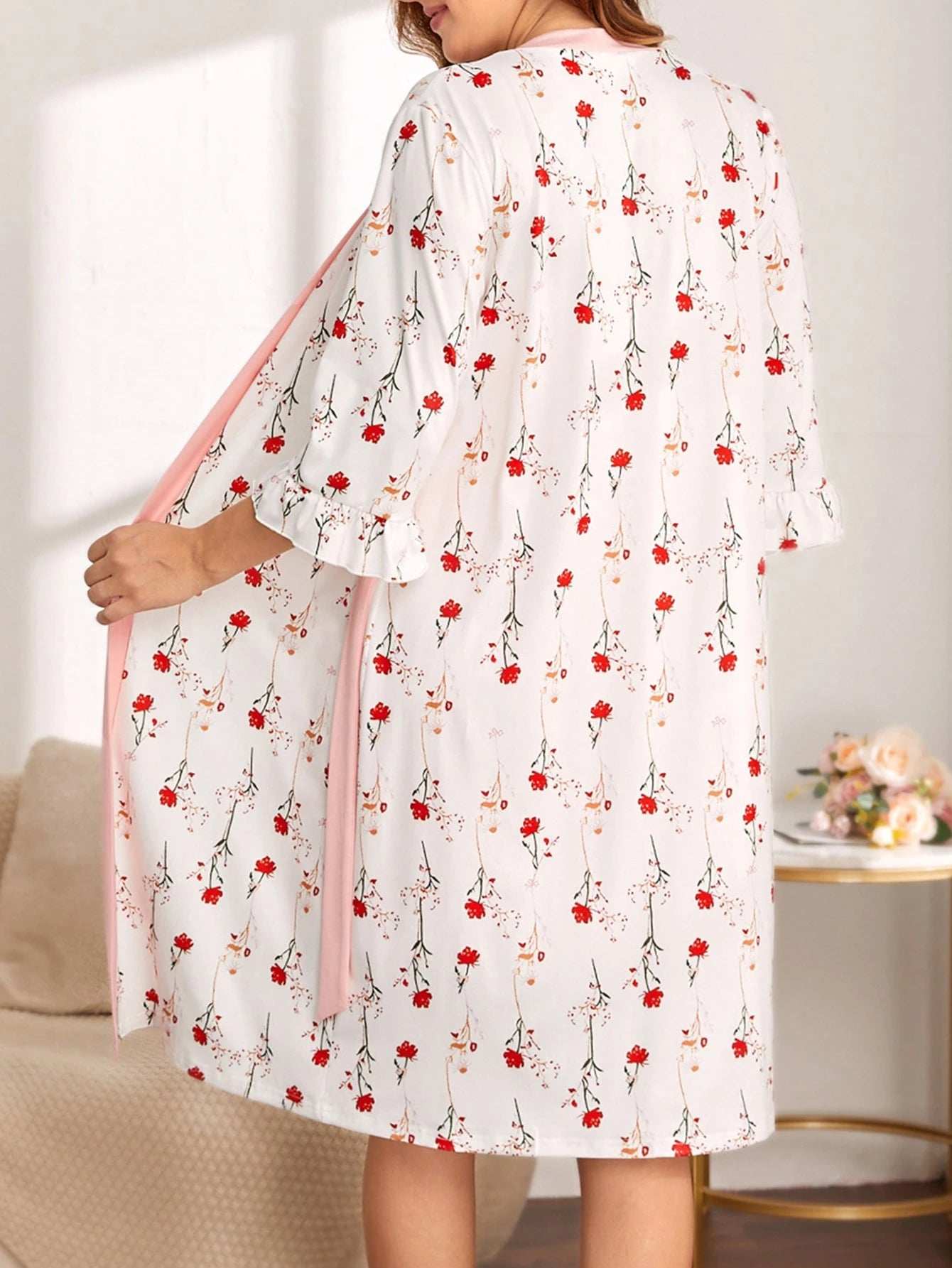 روب وفستان كامي مطبع بزهور وأكمام متدلية وحزام للأمومة - Pink&blue