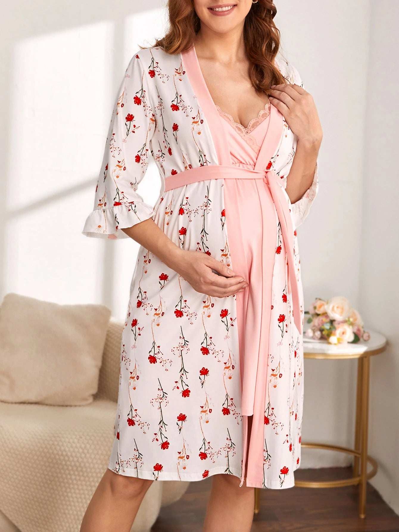 روب وفستان كامي مطبع بزهور وأكمام متدلية وحزام للأمومة - Pink&blue