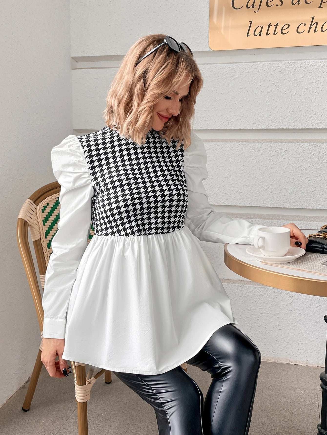 بلوزة مطوي الثنايا مربعات مسنن اكمام شكل ساق الضأن للأمومة - Pink&blue