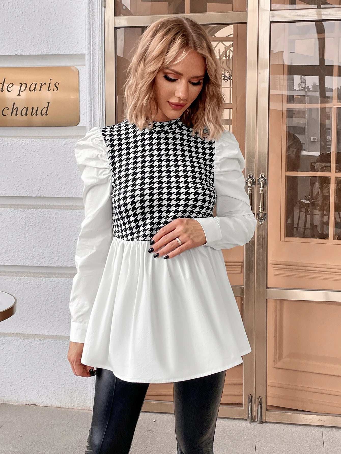 بلوزة مطوي الثنايا مربعات مسنن اكمام شكل ساق الضأن للأمومة - Pink&blue