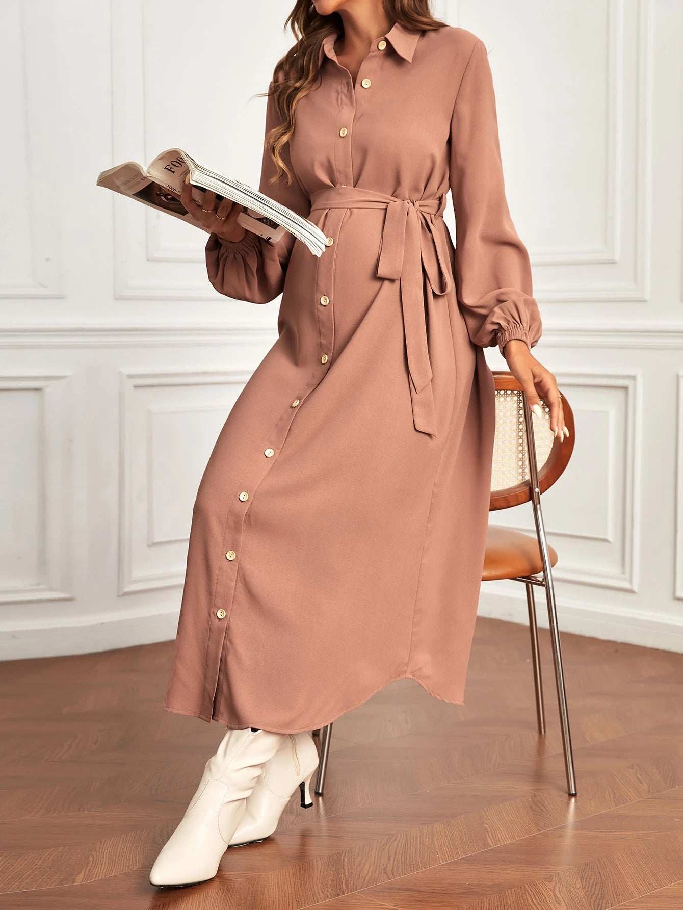 فستان قميص اكمام أسقف حزام للأمومة - Pink&blue