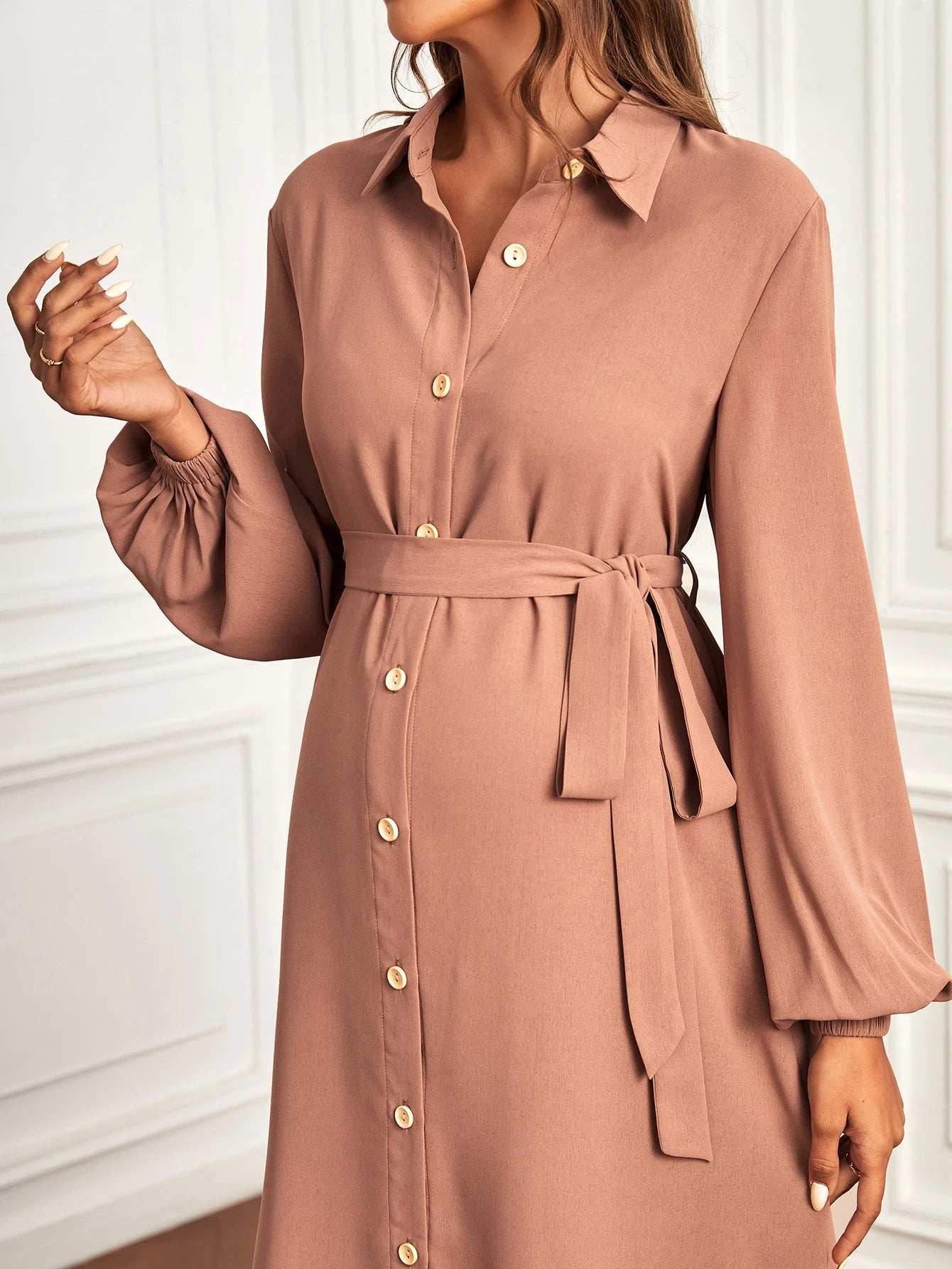 فستان قميص اكمام أسقف حزام للأمومة - Pink&blue