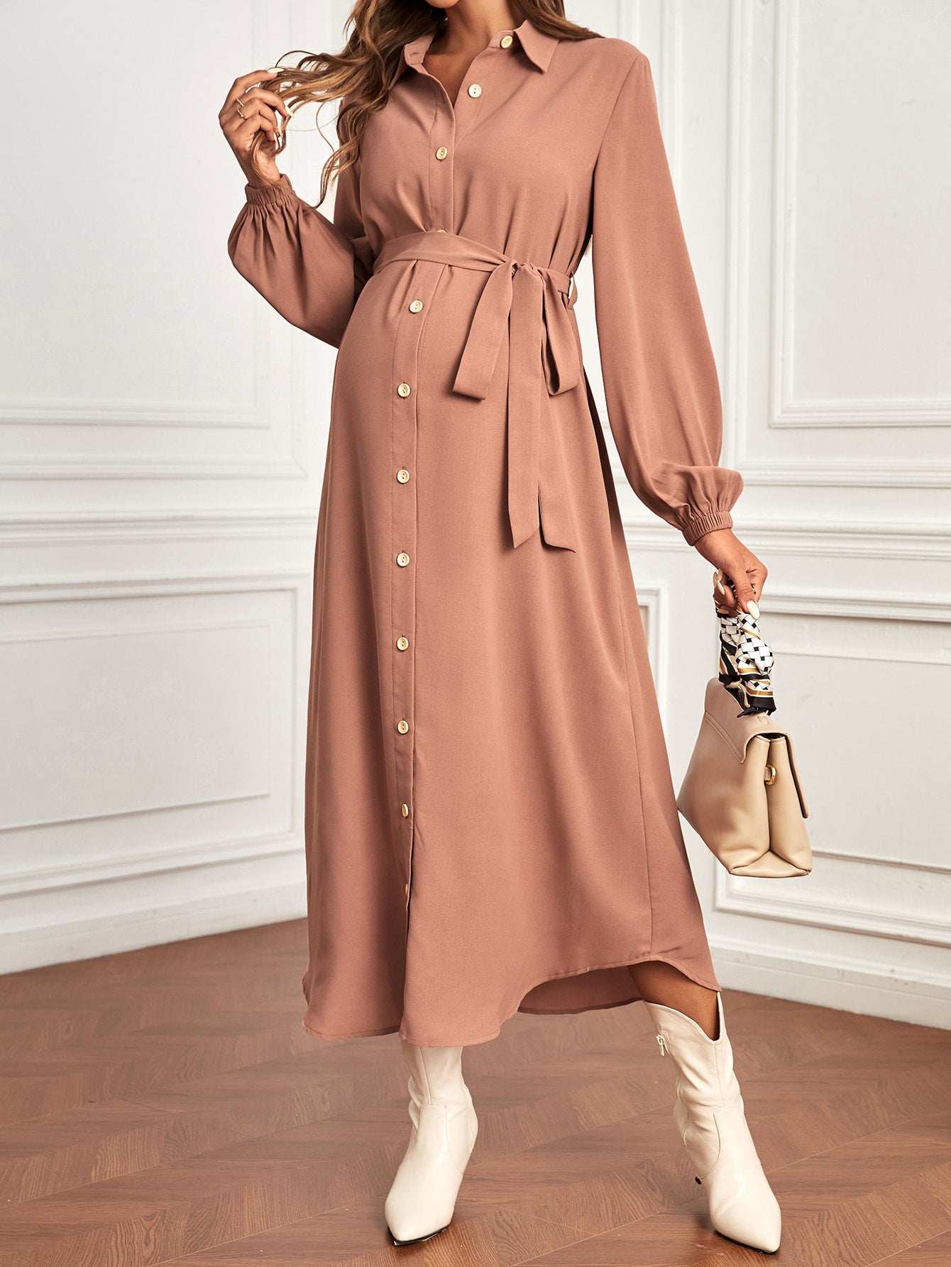 فستان قميص اكمام أسقف حزام للأمومة - Pink&blue