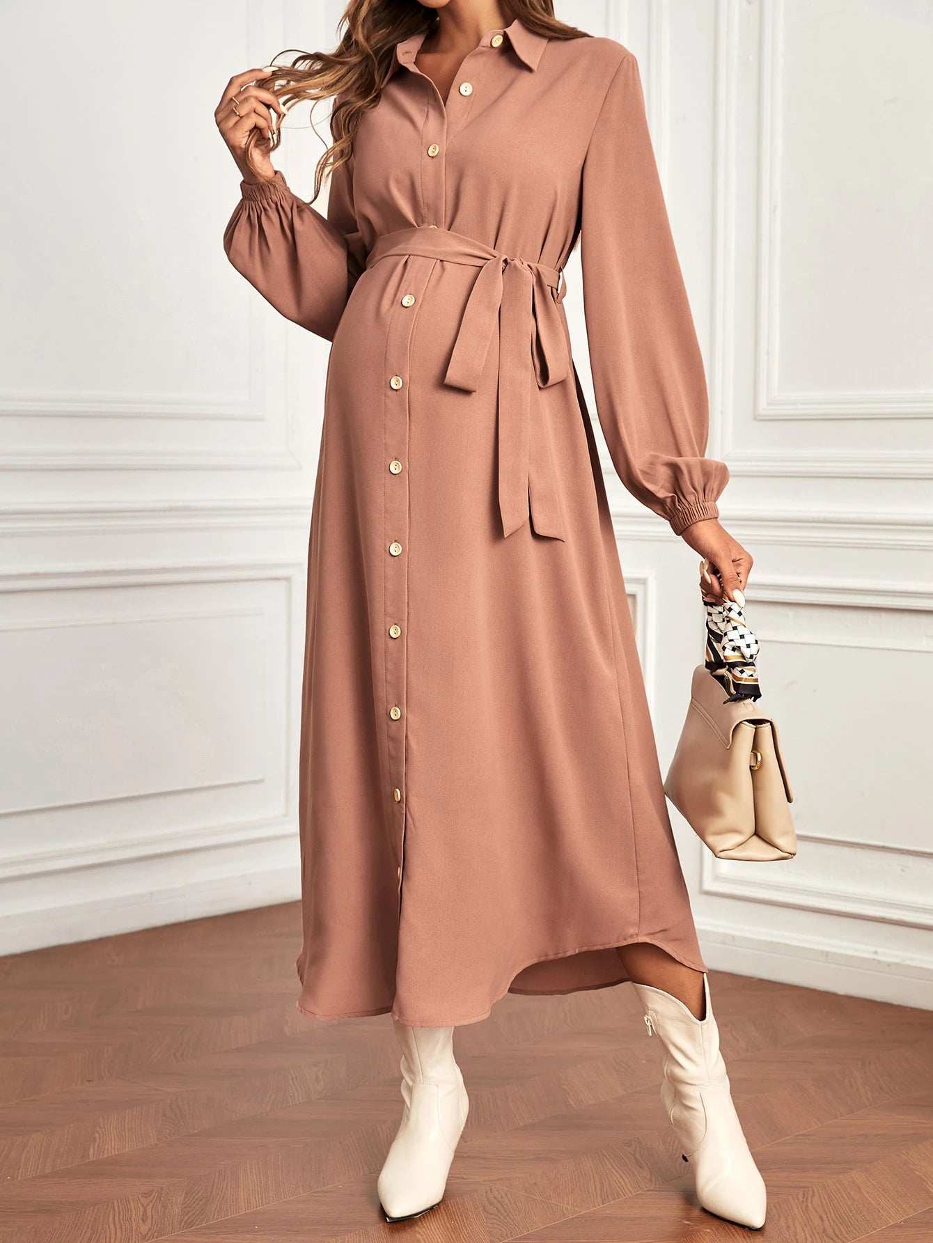 فستان قميص اكمام أسقف حزام للأمومة - Pink&blue