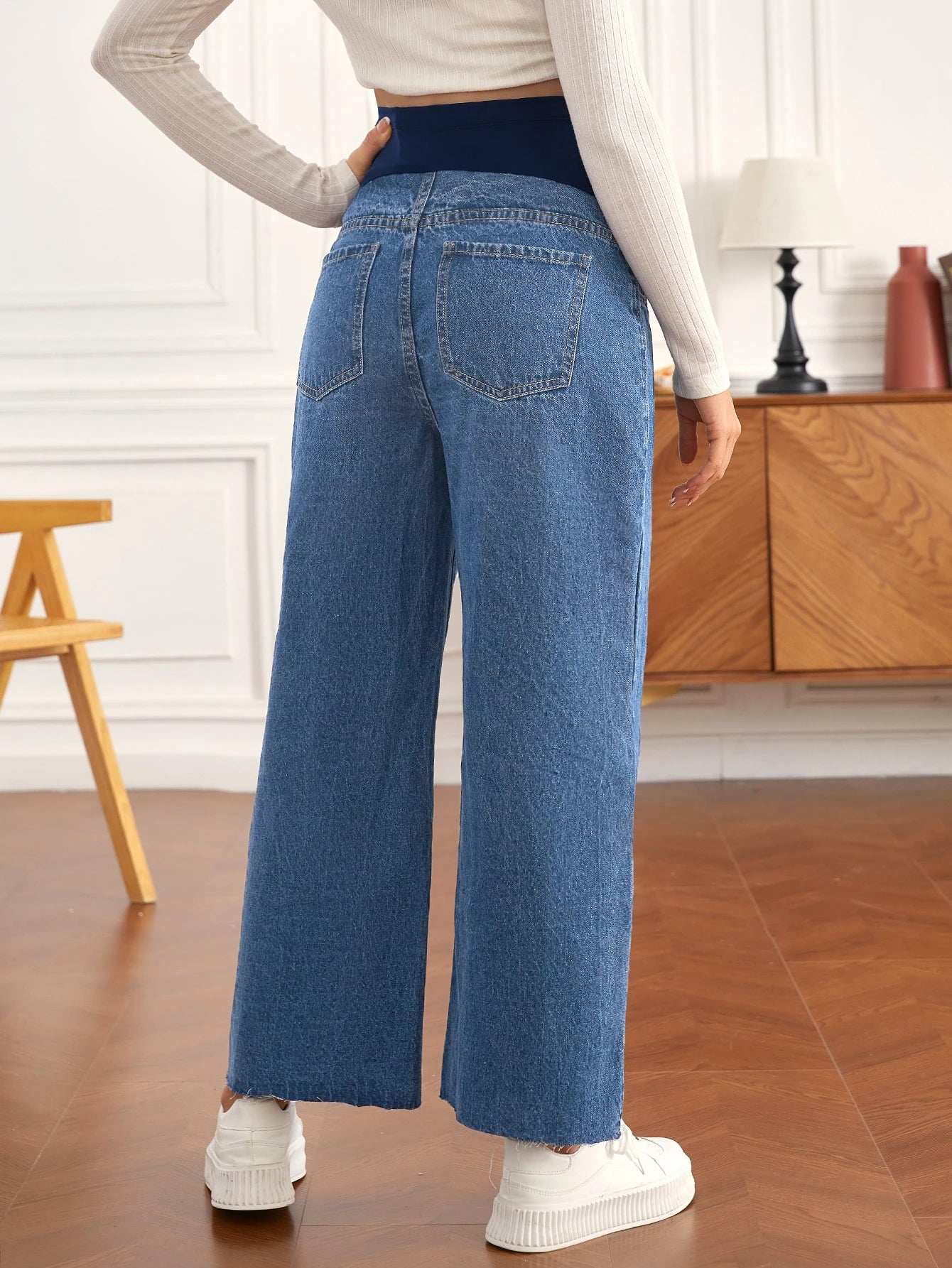 بنطلون جينز قابل للتعديل خصر مرن بحافة مهتري الحواف ساق عريضة للأمومة - Pink&blue