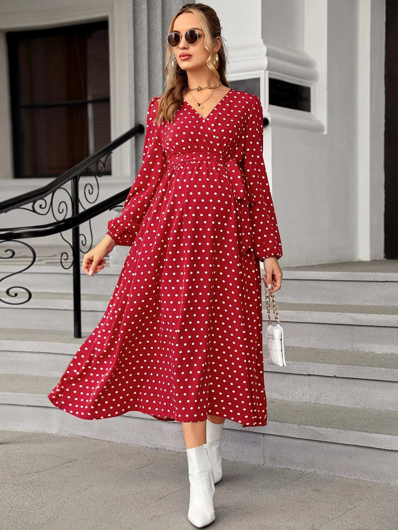 فستان بحزام بطباعة نقاط البولكا أكمام فانوس للأمومة - Pink&blue