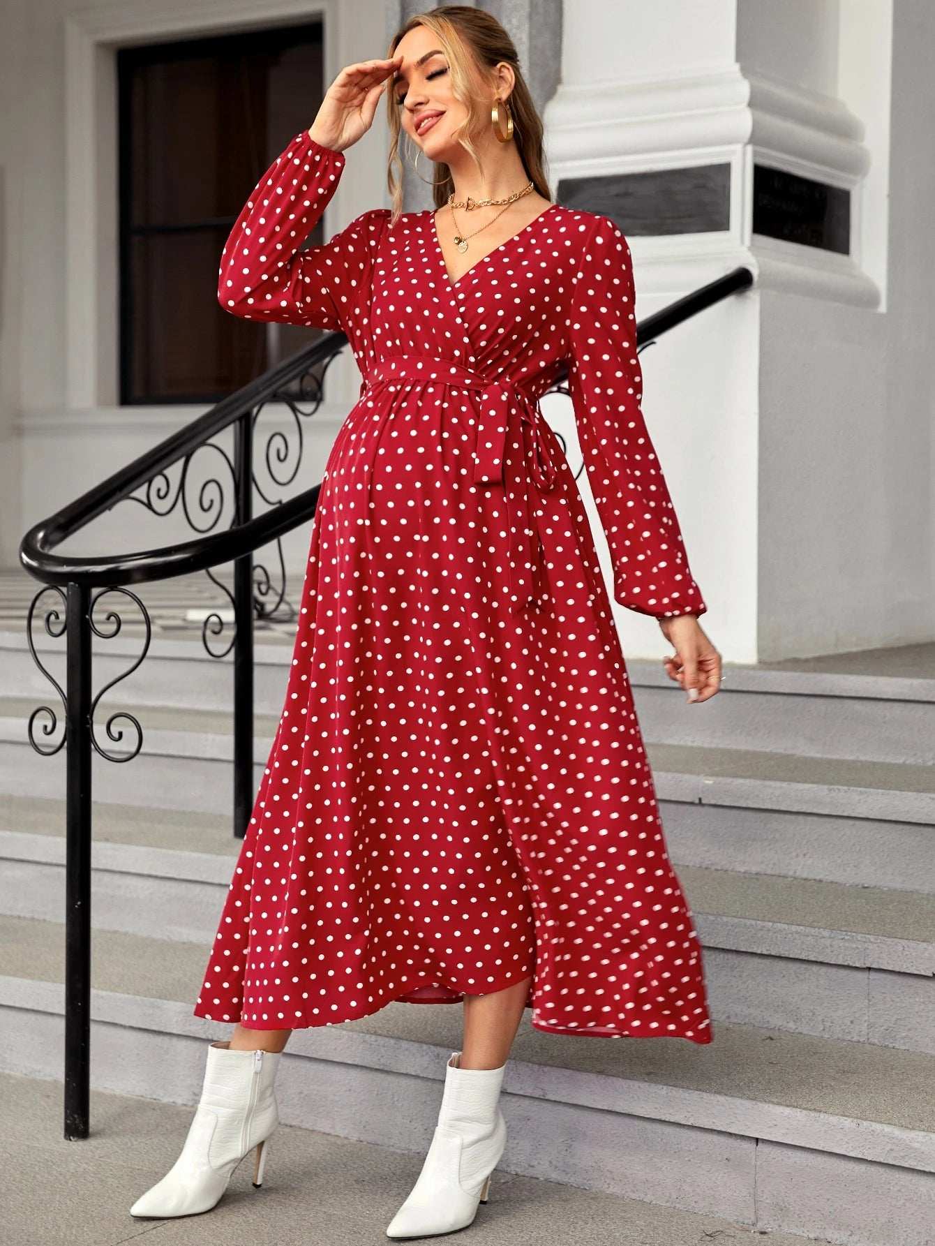 فستان بحزام بطباعة نقاط البولكا أكمام فانوس للأمومة - Pink&blue