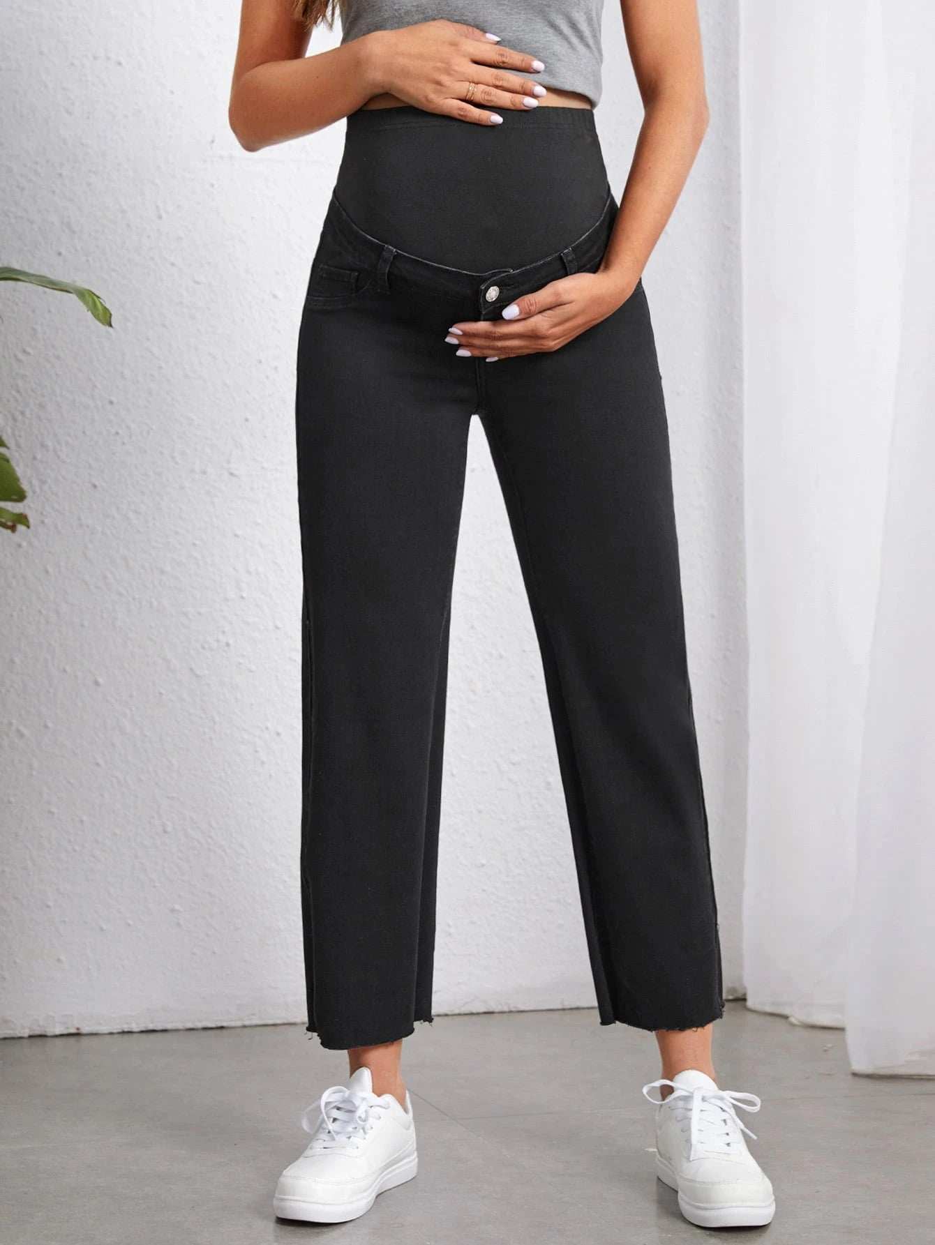 بنطلون جينز شريط خصر واسع حافة خام للأمومة - Pink&blue