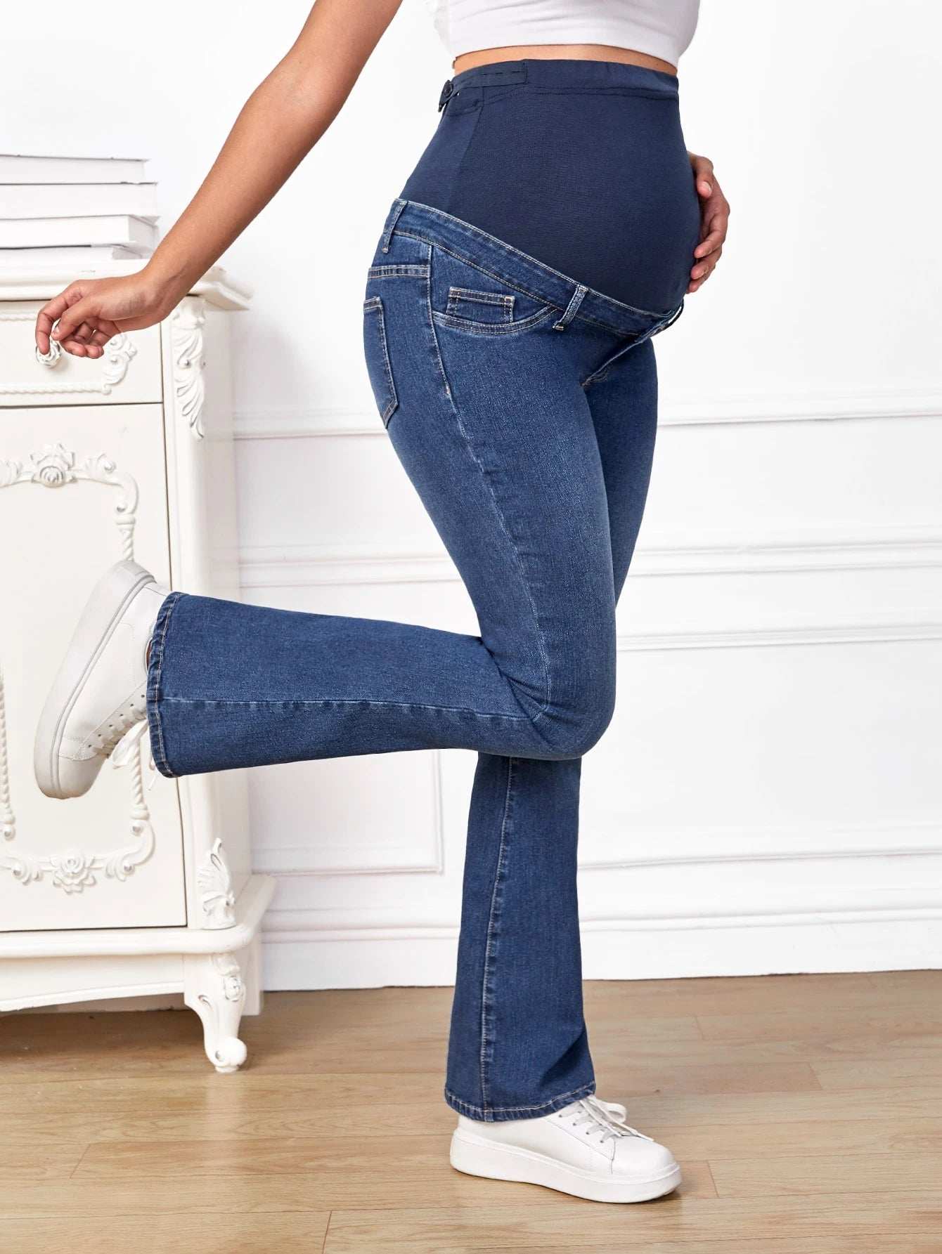 بنطلون جينز واسع من الاسفل شريط خصر واسع للأمومة - Pink&blue