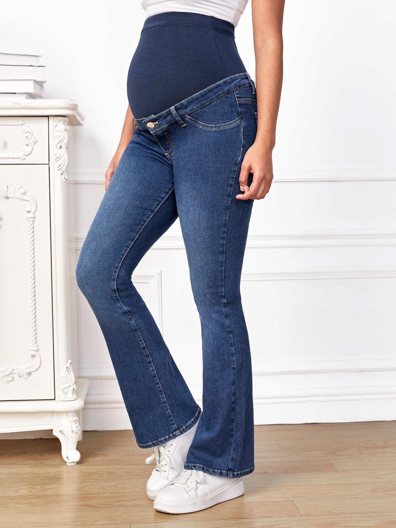 بنطلون جينز واسع من الاسفل شريط خصر واسع للأمومة - Pink&blue