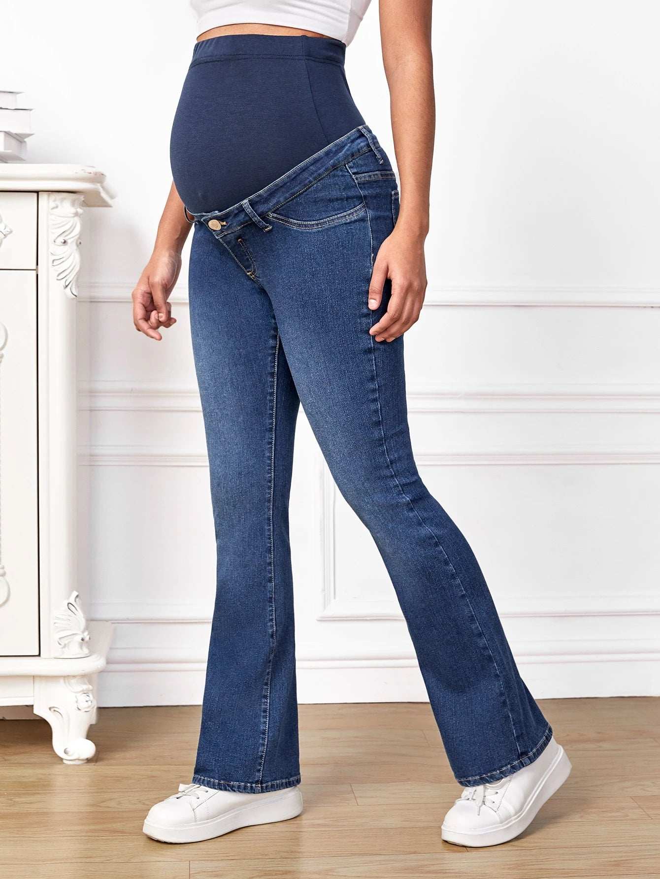 بنطلون جينز واسع من الاسفل شريط خصر واسع للأمومة - Pink&blue