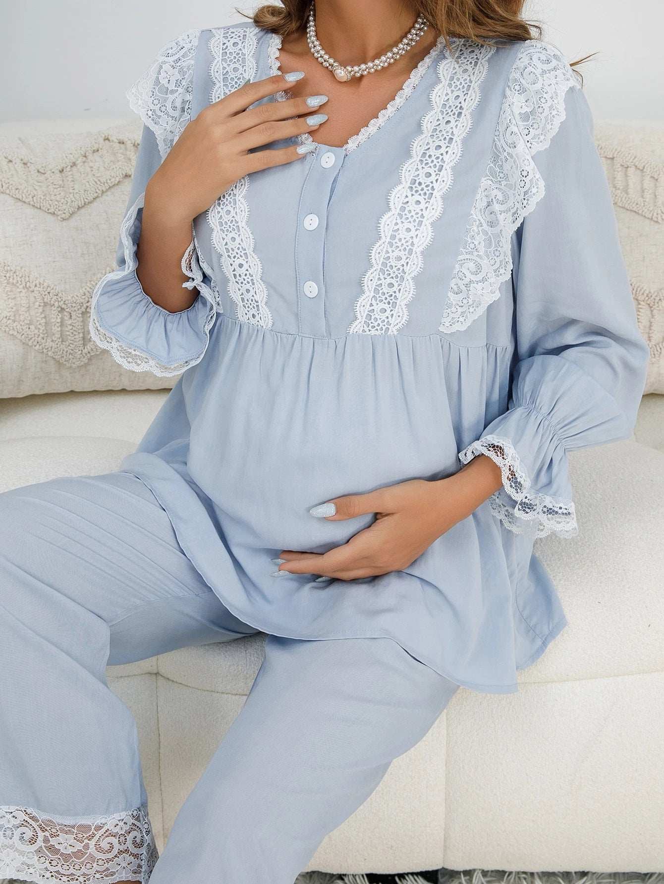 طقم بيجاما للأم مع كشكشة أكمام التدرج ورقبة الدانتيل والهامش المكسر - Pink&blue