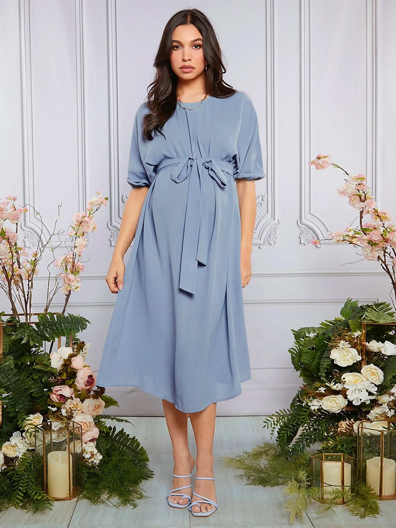 فستان بحزام موحدة اللون للأمومة - Pink&blue