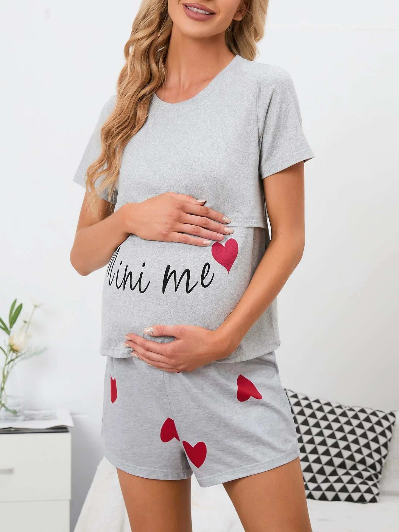 مجموعة بيجاما/بيجاما للحامل مع طباعة شكل القلب والحرف - Pink&blue