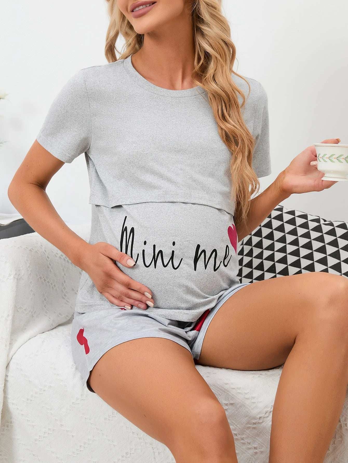 مجموعة بيجاما/بيجاما للحامل مع طباعة شكل القلب والحرف - Pink&blue