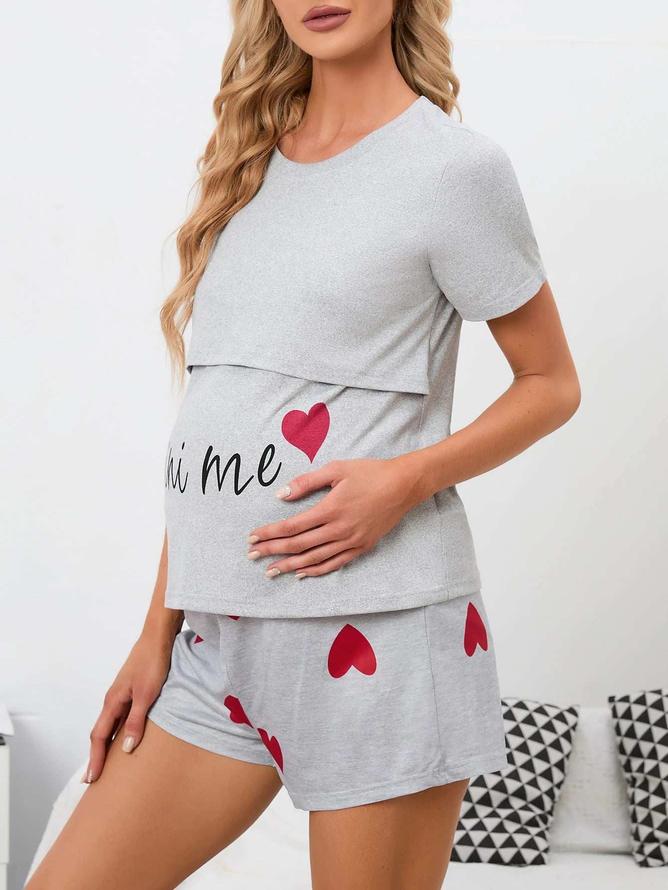 مجموعة بيجاما/بيجاما للحامل مع طباعة شكل القلب والحرف - Pink&blue