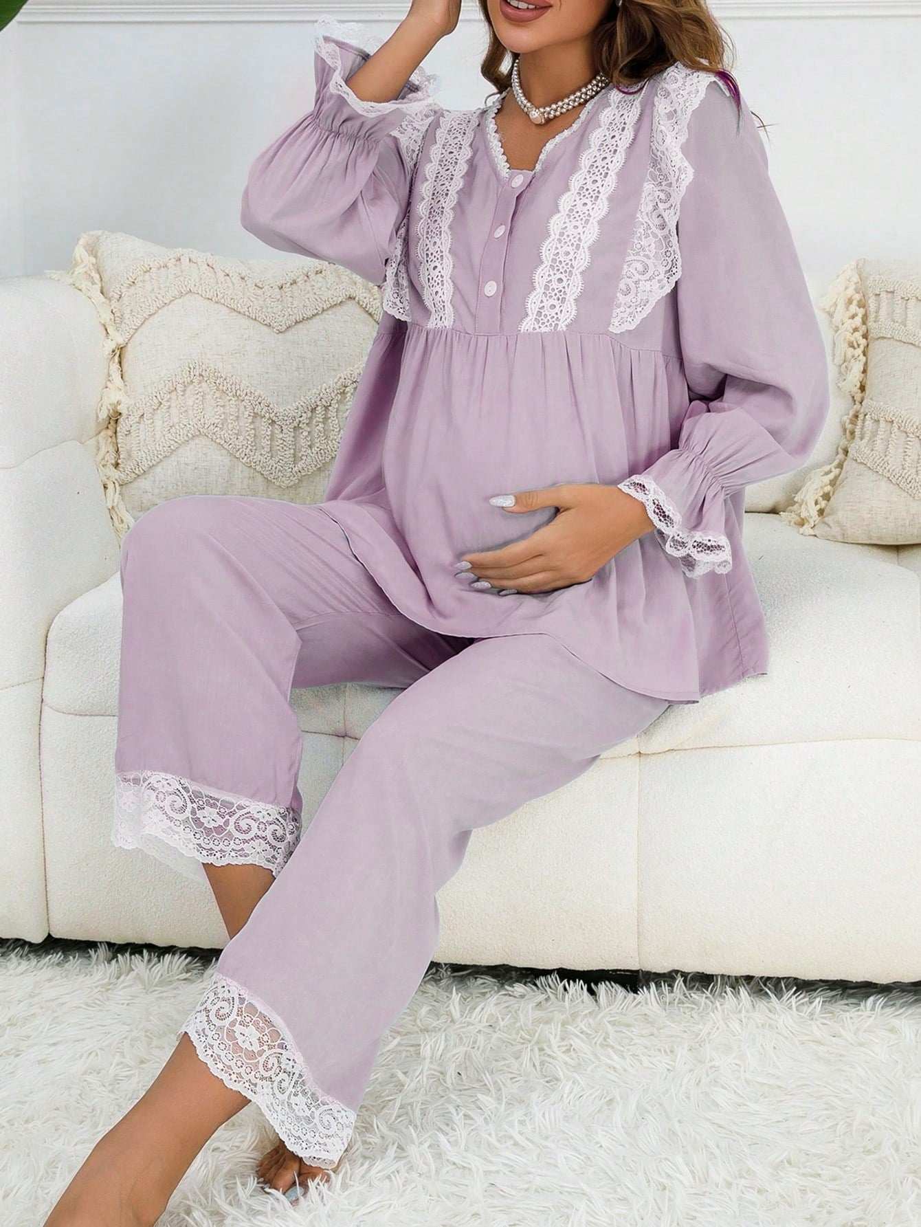 مجموعة بيجامات/ملابس نوم لأم بأكمام منفوشة مع تطريز دانتيل باللونين, أمام بأزرار - Pink&blue