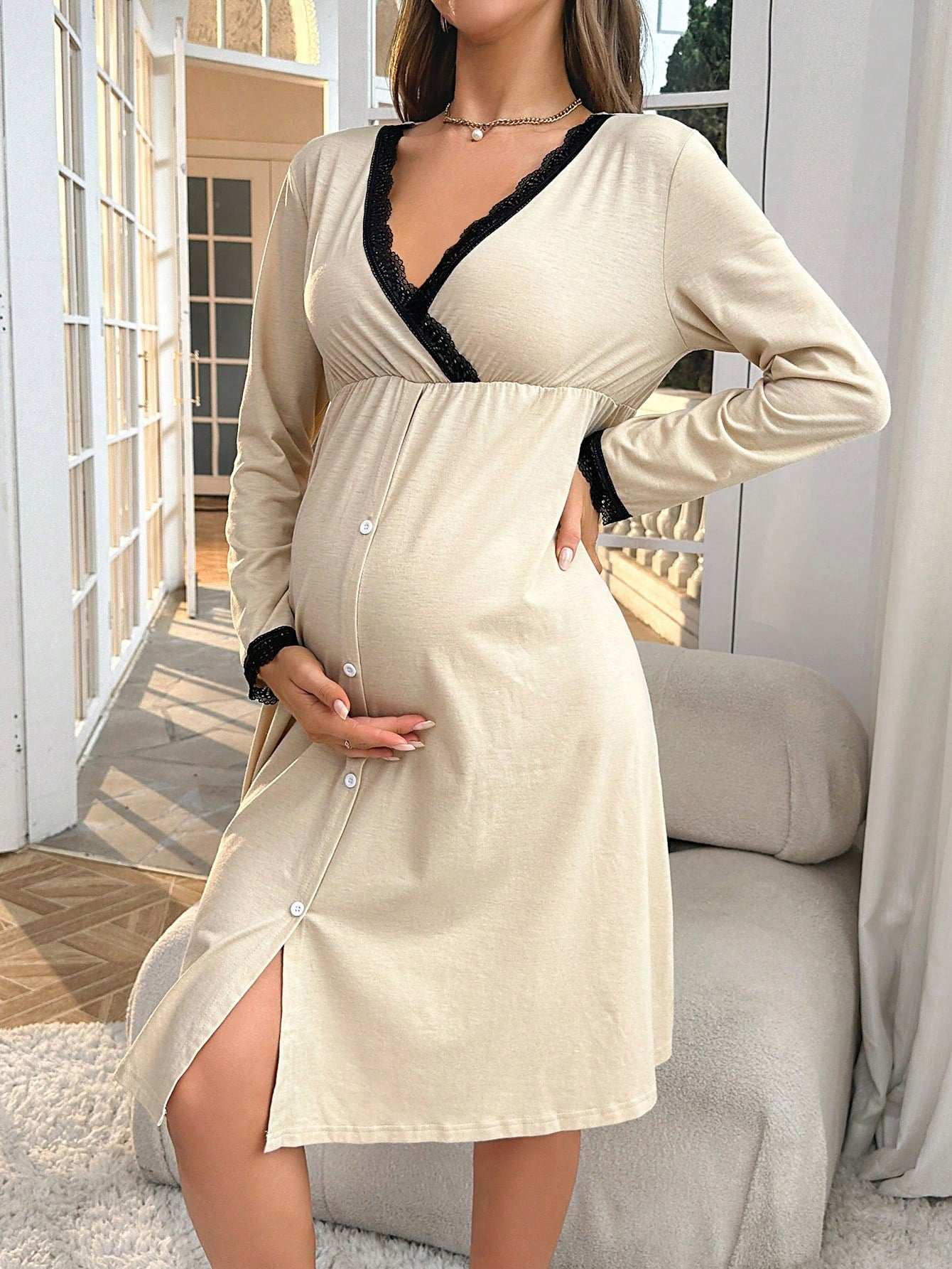 فستان مقلم بدانتيل متباين عنق متداخل للأمومة - Pink&blue