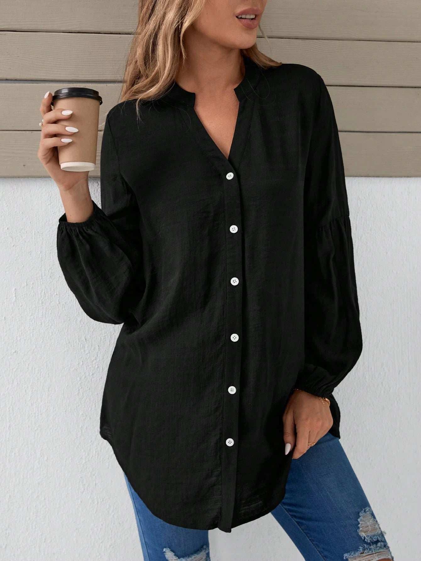 بلوزة بياقة مسننة بخط العنق بأكمام فانوس منحنية - Pink&blue