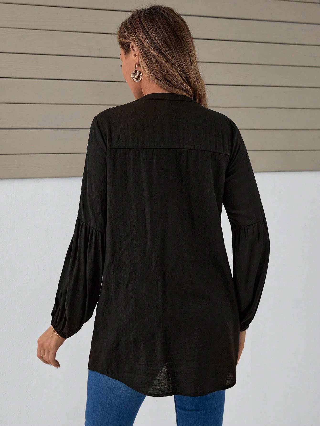 بلوزة بياقة مسننة بخط العنق بأكمام فانوس منحنية - Pink&blue