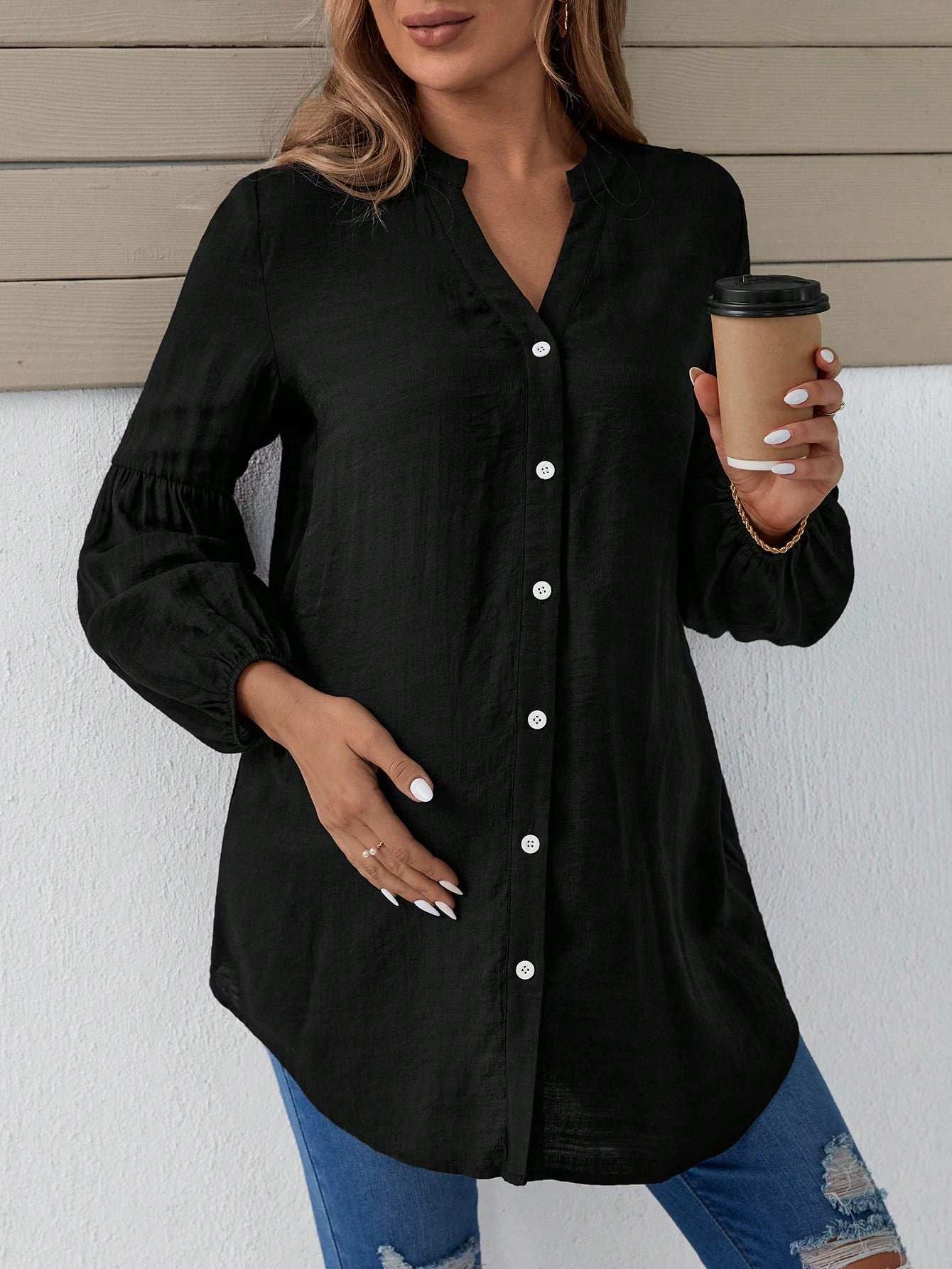 بلوزة بياقة مسننة بخط العنق بأكمام فانوس منحنية - Pink&blue