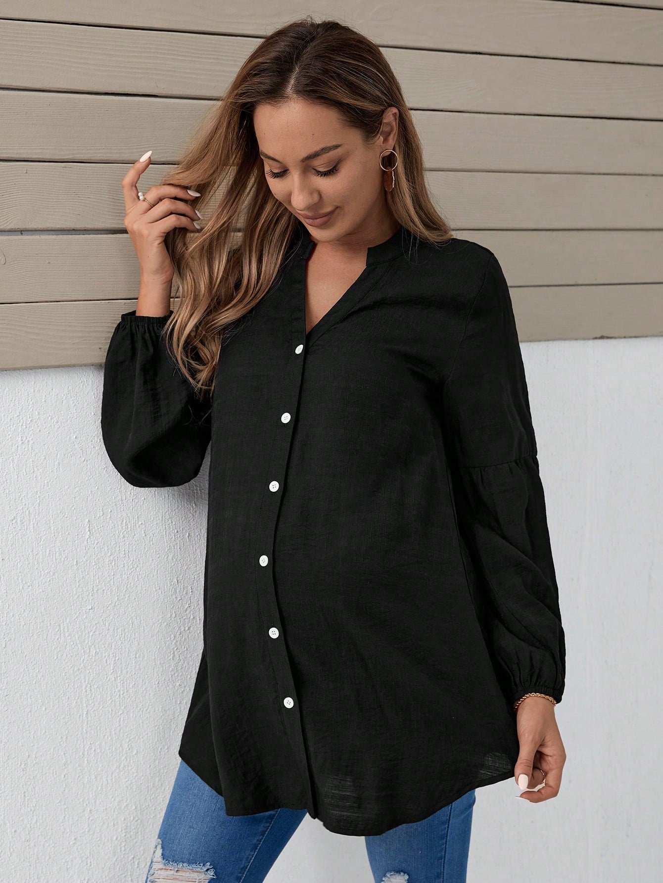 بلوزة بياقة مسننة بخط العنق بأكمام فانوس منحنية - Pink&blue