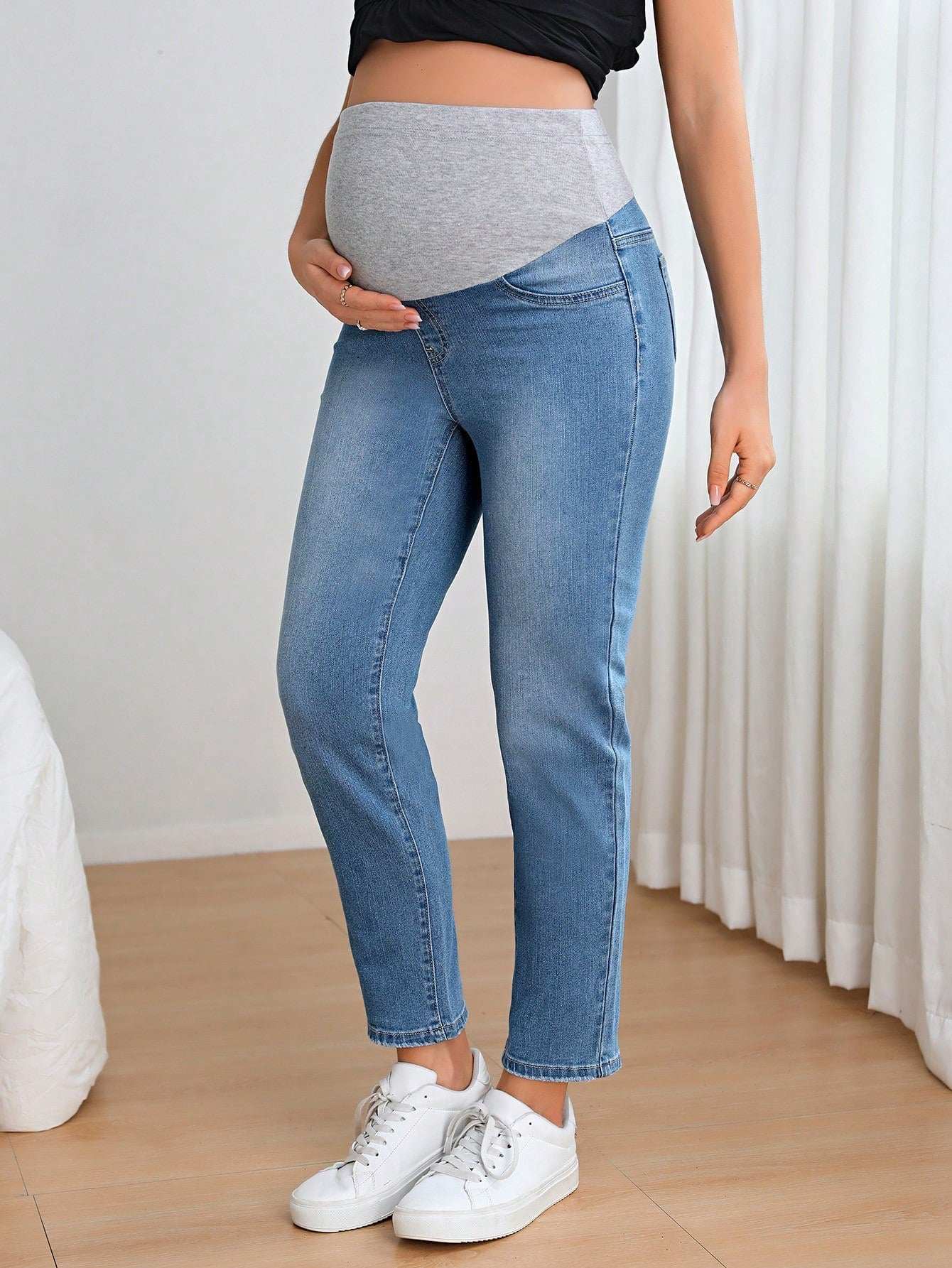 SHEIN جينز بساق مستقيم شريط خصر واسع للأمومة - Pink&blue