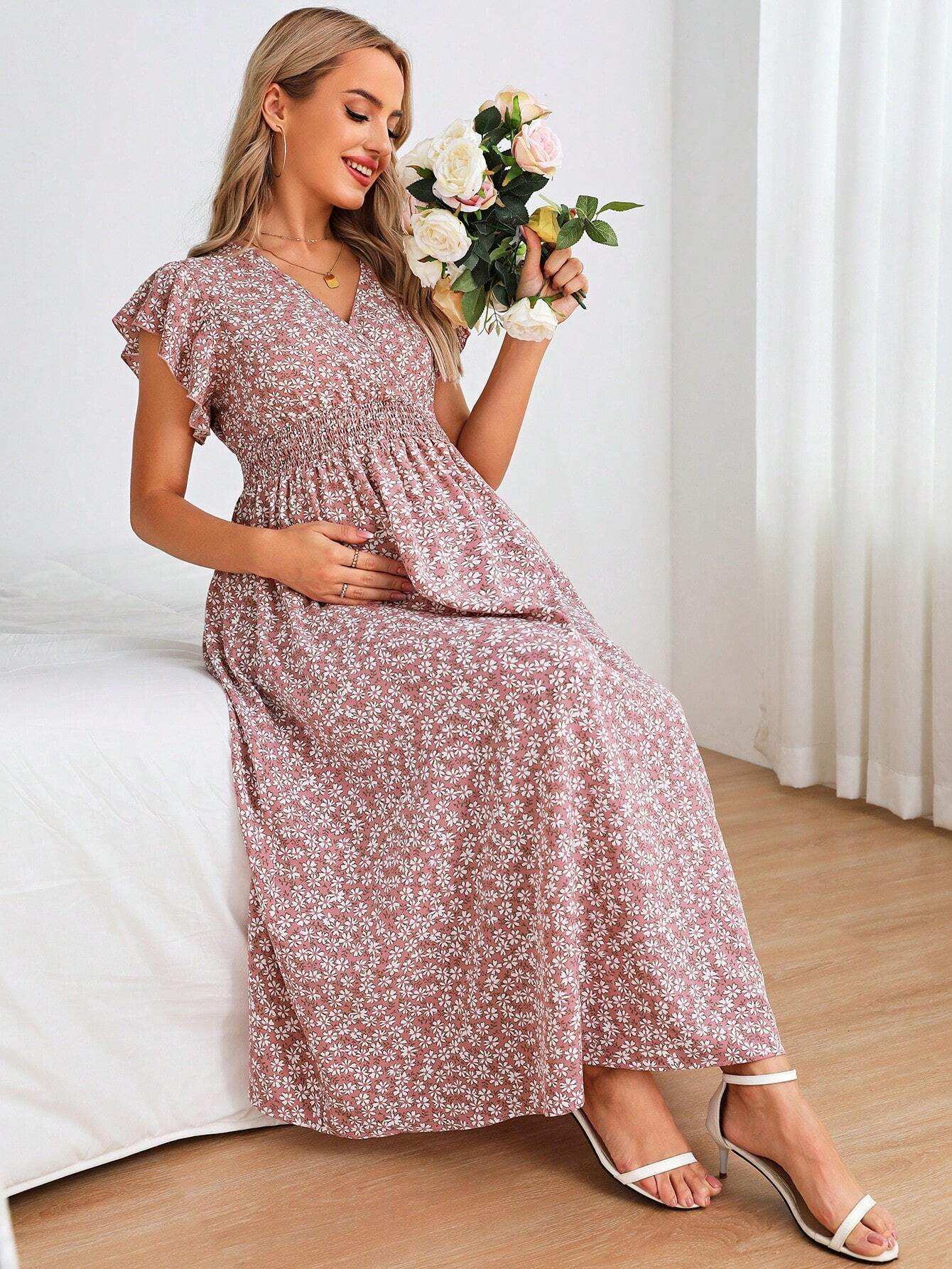 فستان بطباعة أزهار اقحوان اكمام فراشة للأمومة - Pink&blue