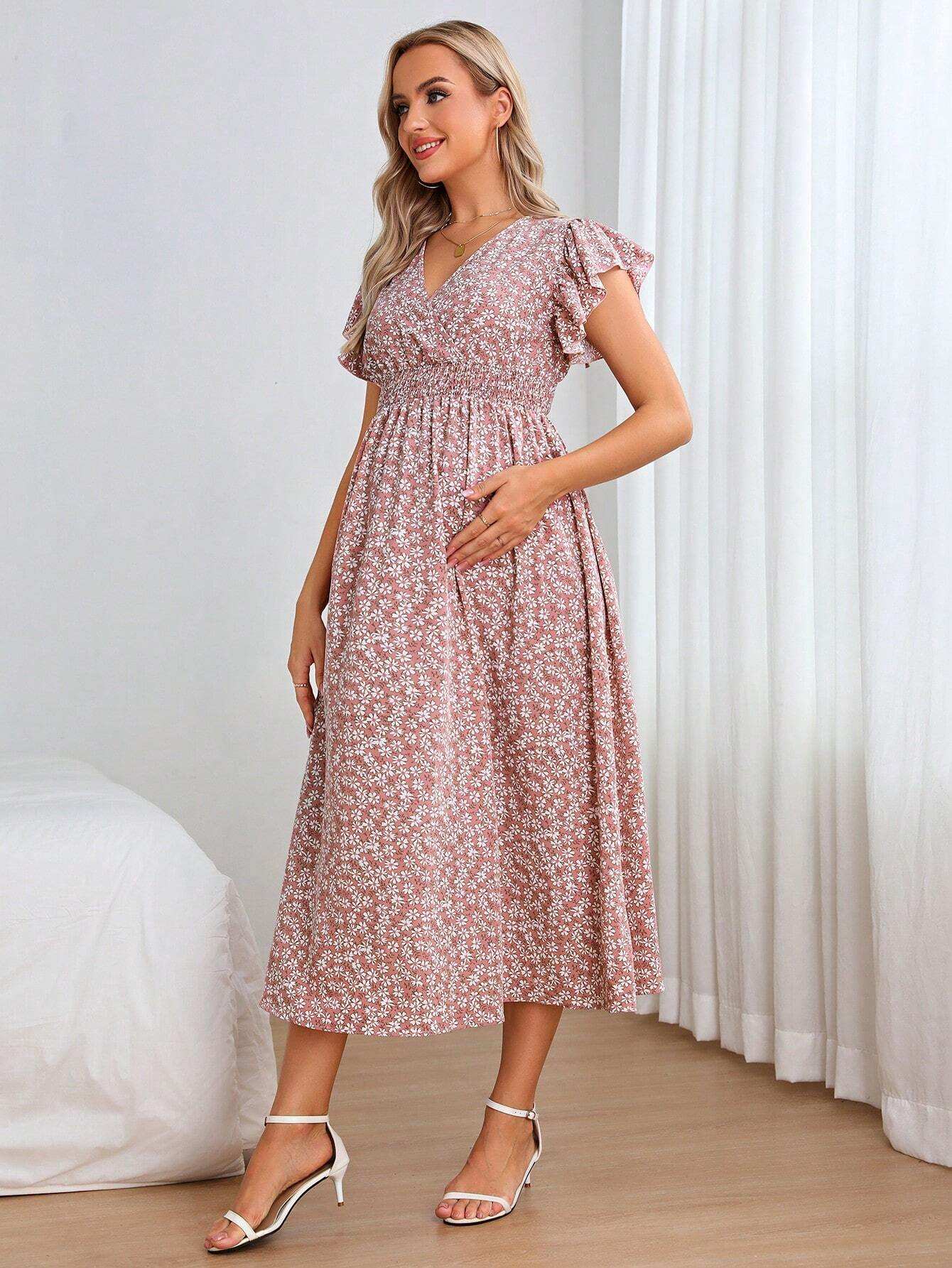 فستان بطباعة أزهار اقحوان اكمام فراشة للأمومة - Pink&blue