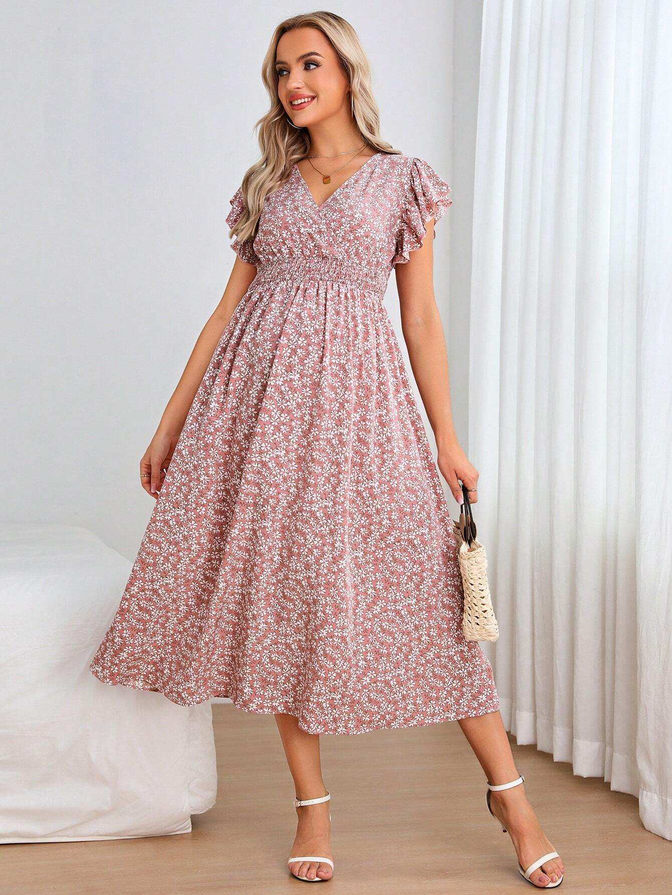 فستان بطباعة أزهار اقحوان اكمام فراشة للأمومة - Pink&blue