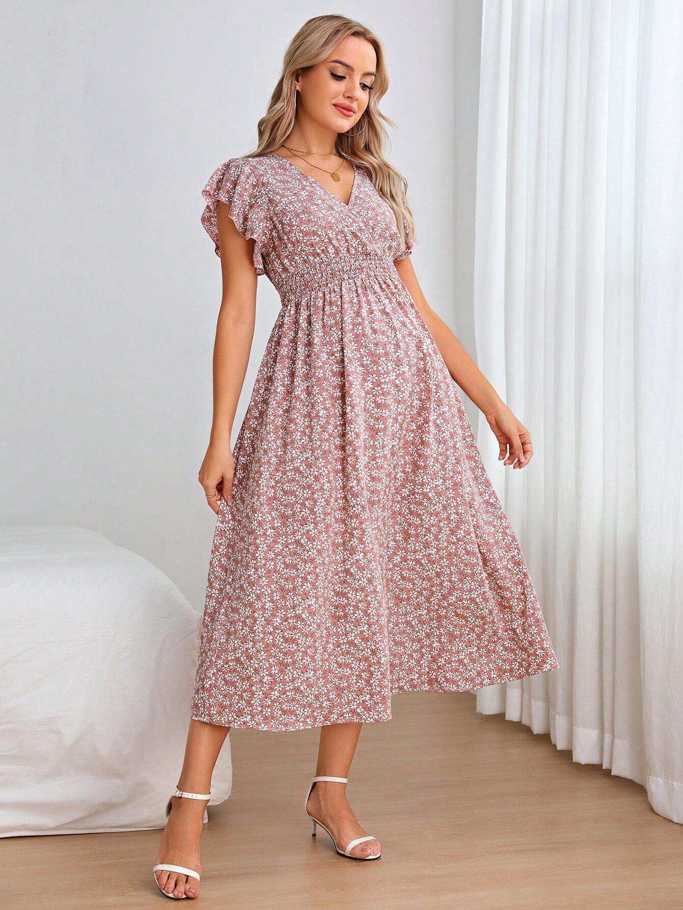 فستان بطباعة أزهار اقحوان اكمام فراشة للأمومة - Pink&blue