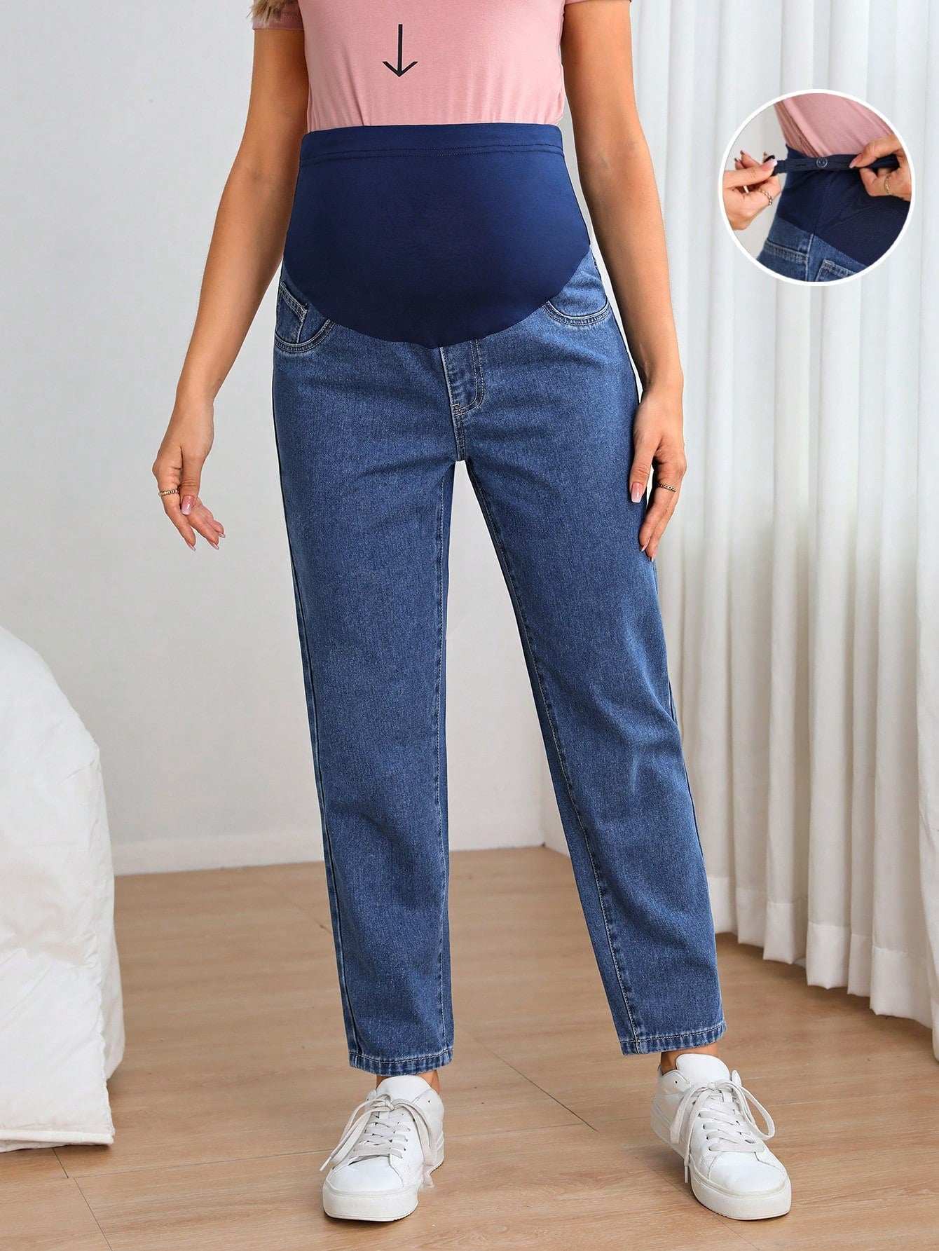 جينز بساق مستقيم شريط خصر واسع بخصر قابل للتعديل للأمومة - Pink&blue