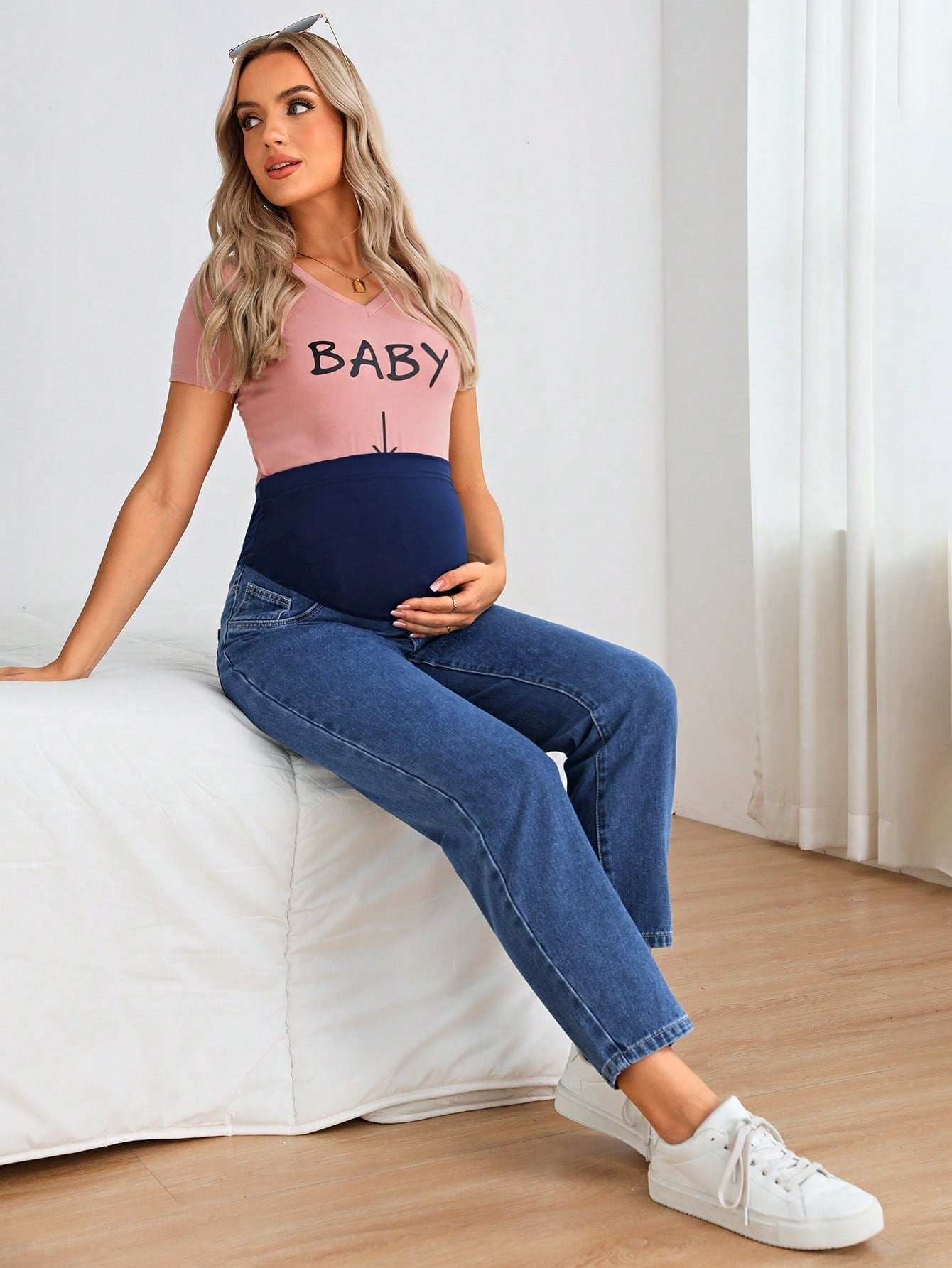 جينز بساق مستقيم شريط خصر واسع بخصر قابل للتعديل للأمومة - Pink&blue