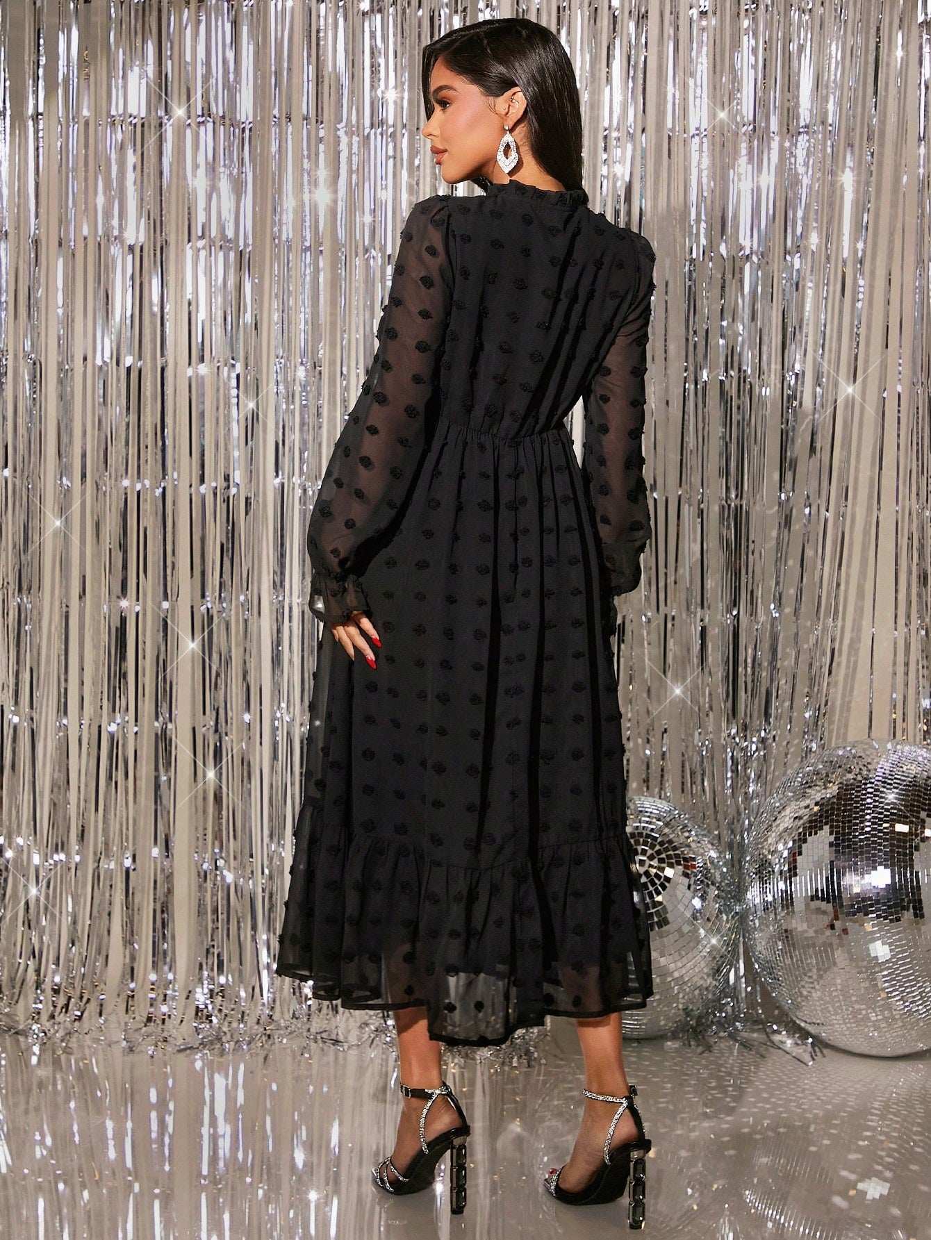 فستان للحوامل أكمام رقراقة مزين بكشكشة وربطة عنق بنقاط سويسرية، للحفلات - Pink&blue