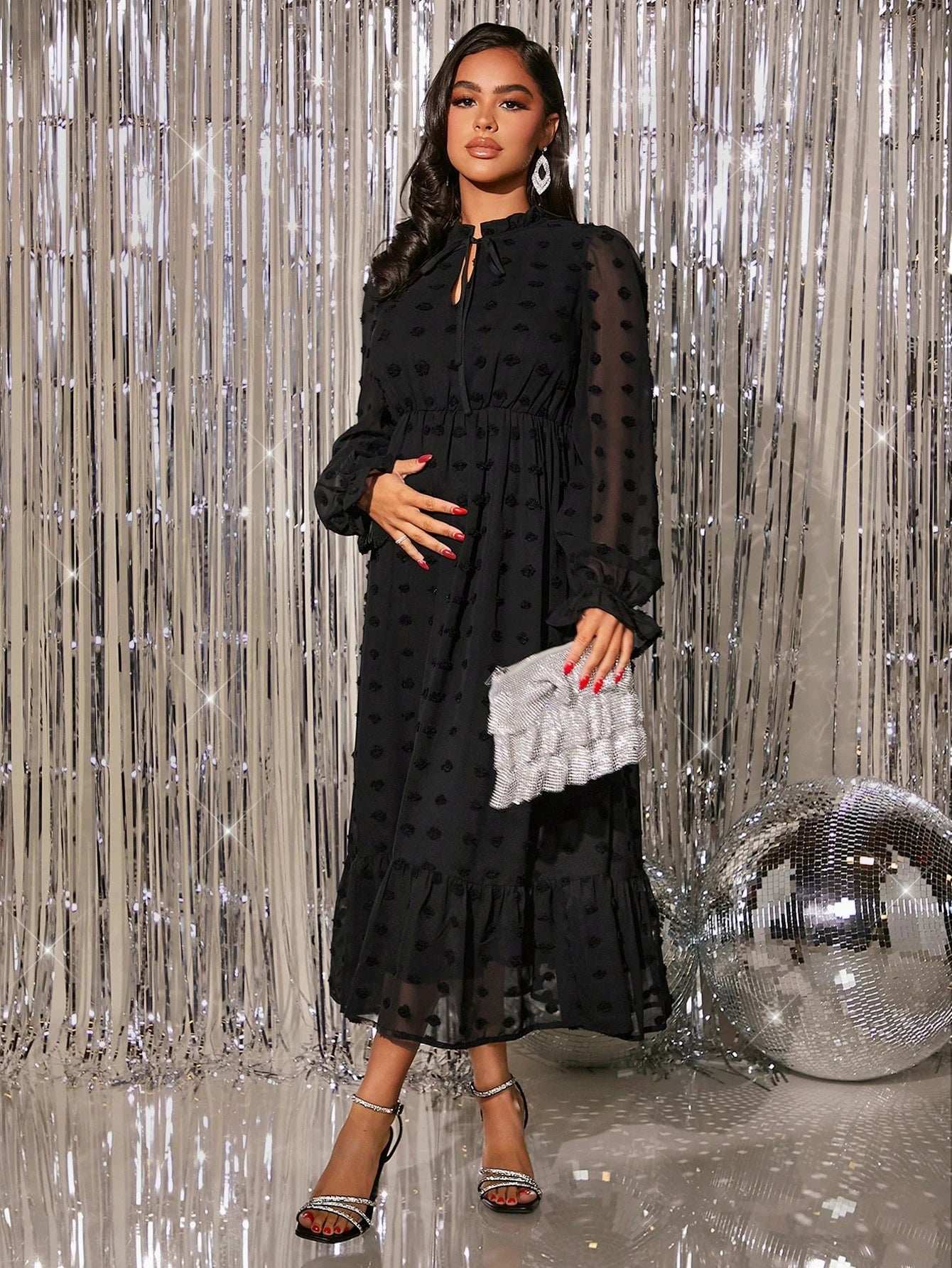 فستان للحوامل أكمام رقراقة مزين بكشكشة وربطة عنق بنقاط سويسرية، للحفلات - Pink&blue