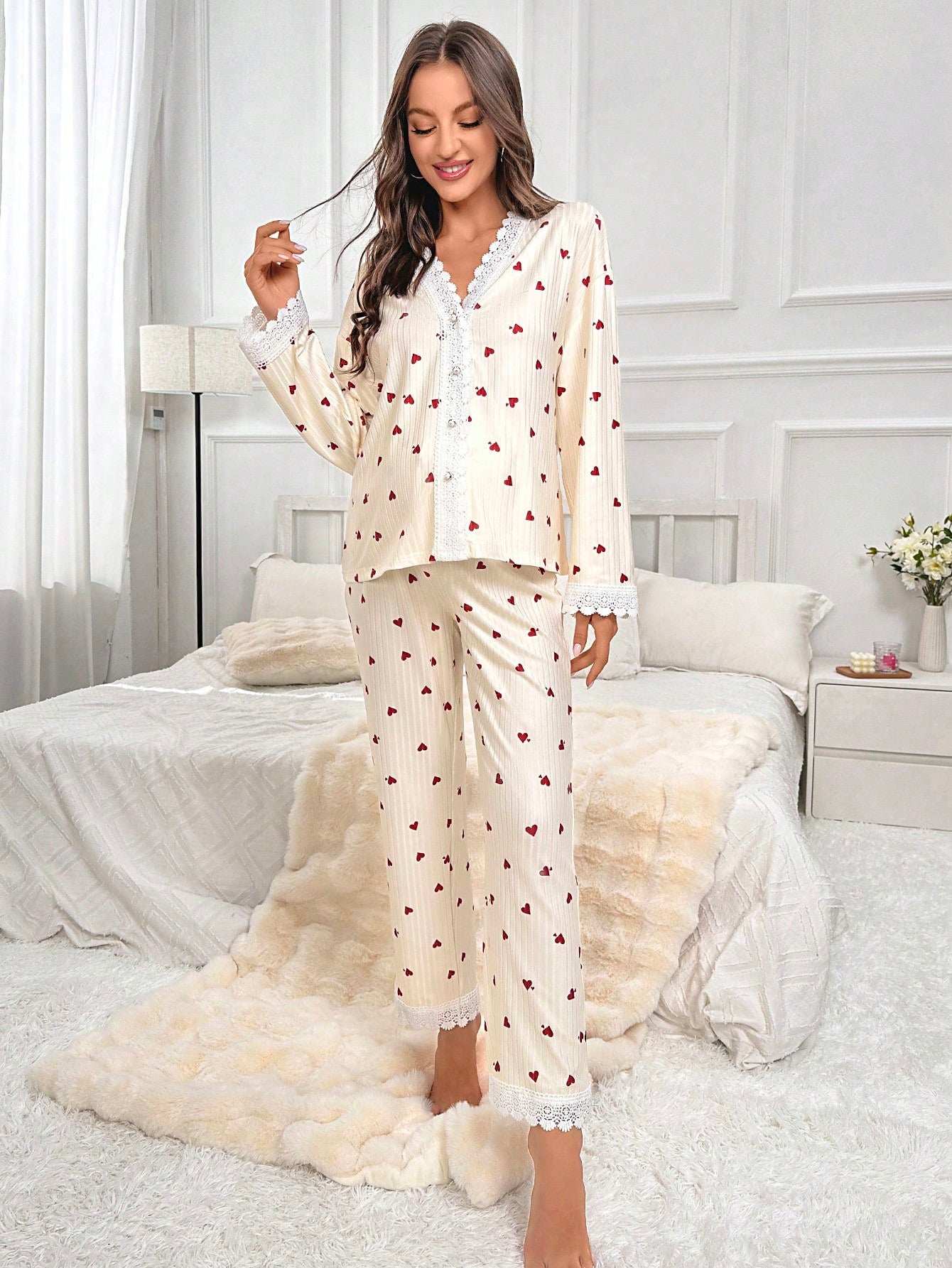 طقم بيجامة/بدلة نوم للأم ذو طبعة قلب تباين مزين بكشكشة الدانتيل - Pink&blue