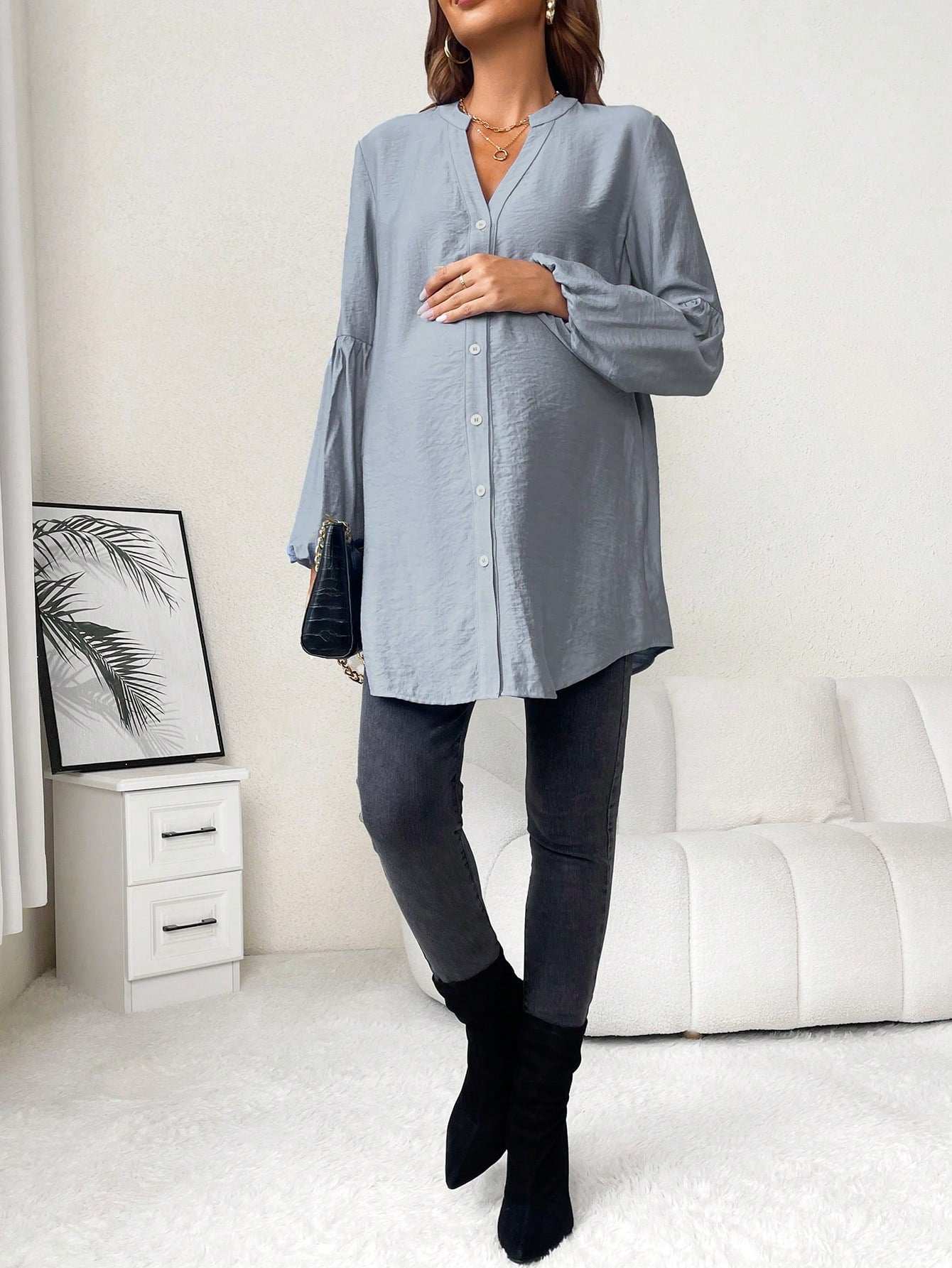 بلوزة خط عنق مفتوح أكمام فانوس للأمومة - Pink&blue