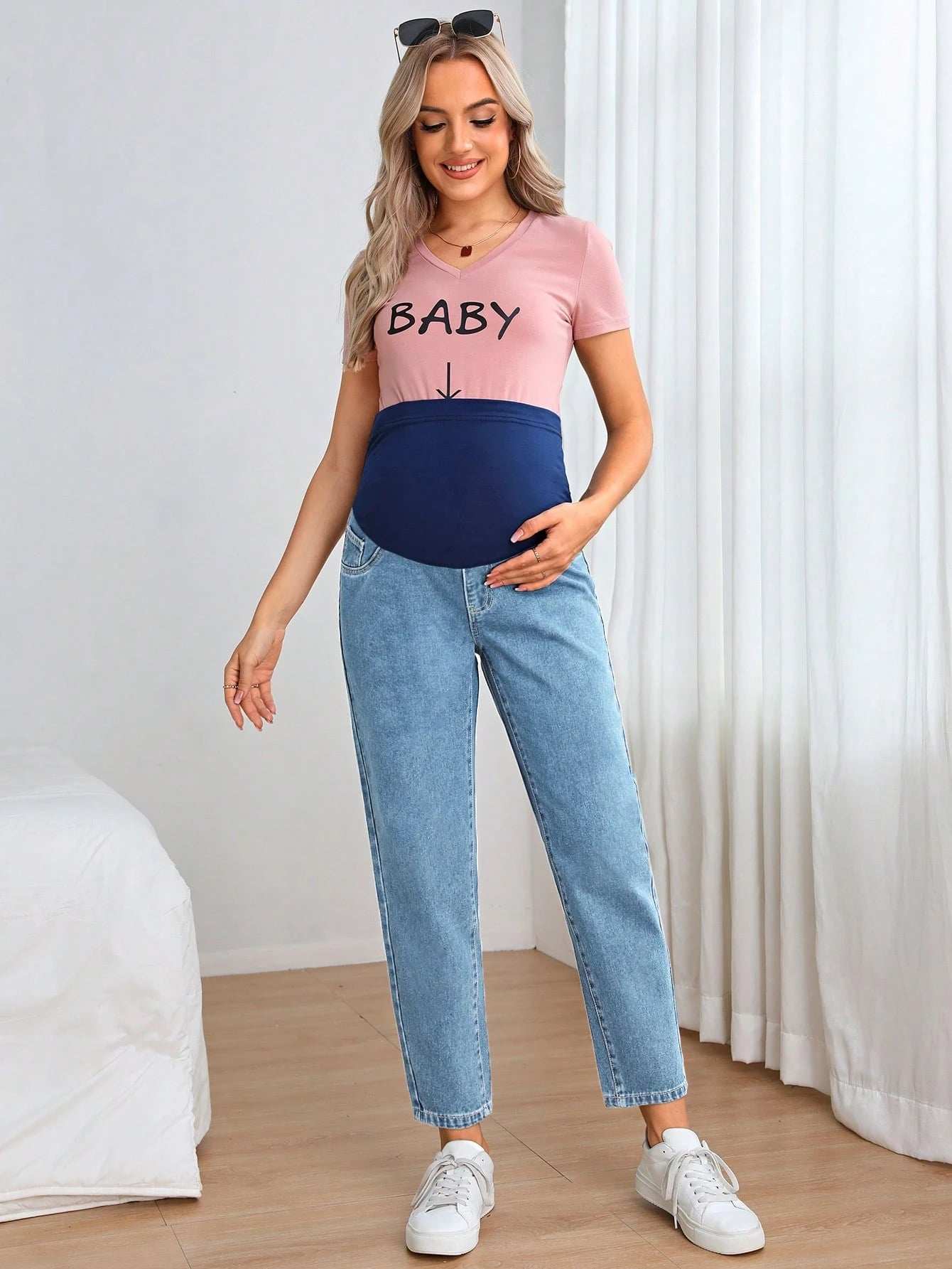 جينز بساق مستقيم شريط خصر واسع للأمومة - Pink&blue