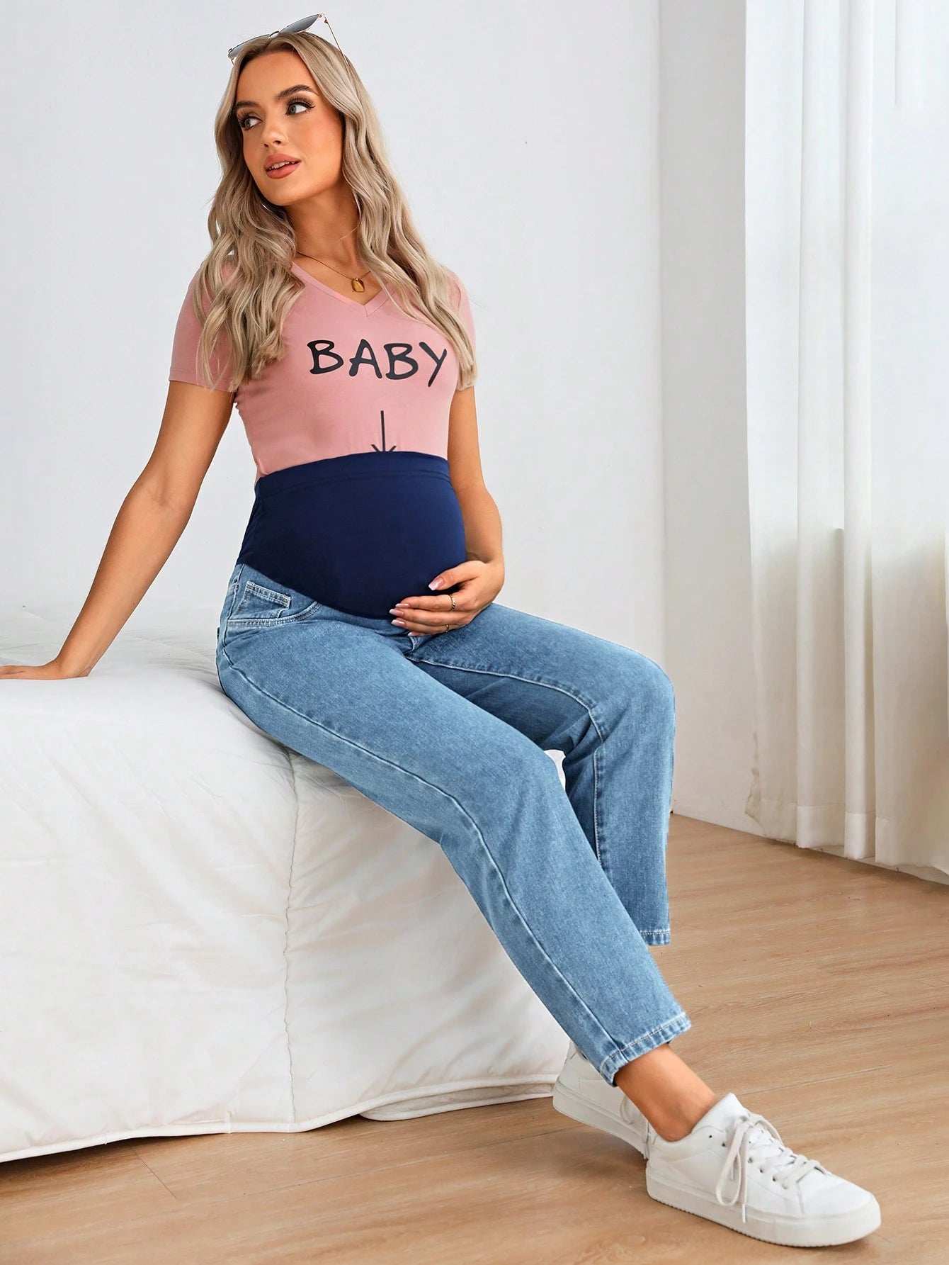 جينز بساق مستقيم شريط خصر واسع للأمومة - Pink&blue