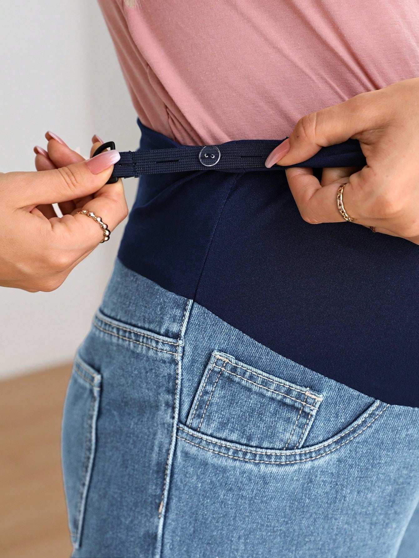 جينز بساق مستقيم شريط خصر واسع للأمومة - Pink&blue