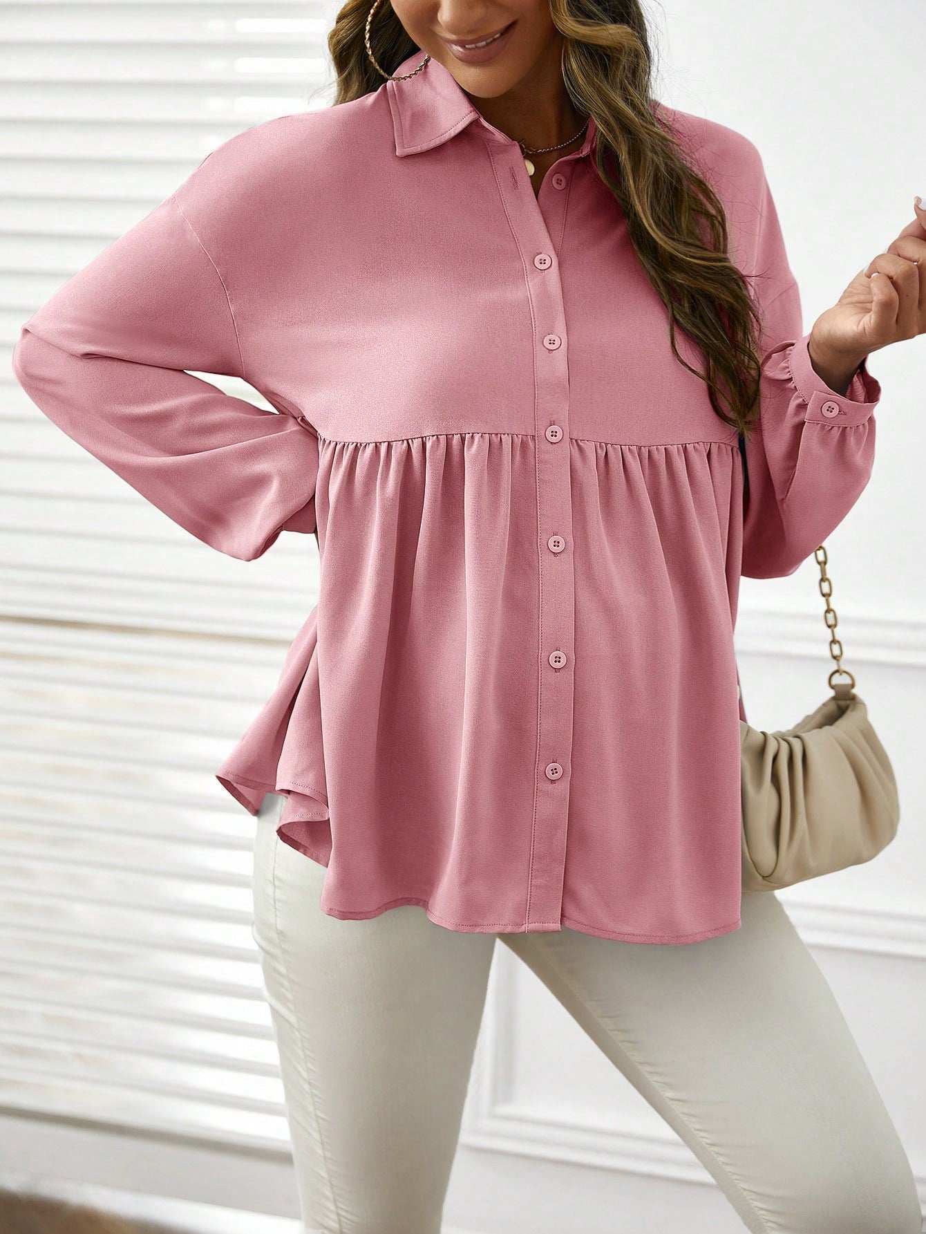 قميص فضفاض مريح كاجوال بأكمام طويلة ومطوي أمامي لنساء الحمل - Pink&blue