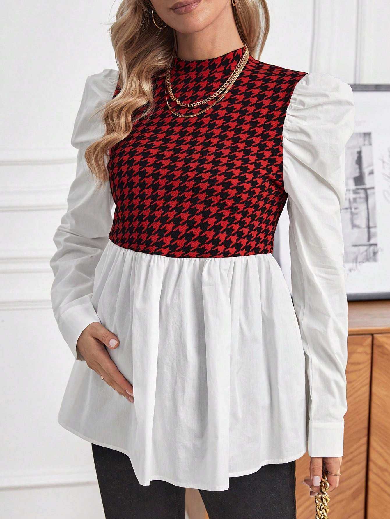 بلوزة 2 في 1 طباعة نقش مسنن اكمام شكل ساق الضأن زخارف للأمومة - Pink&blue